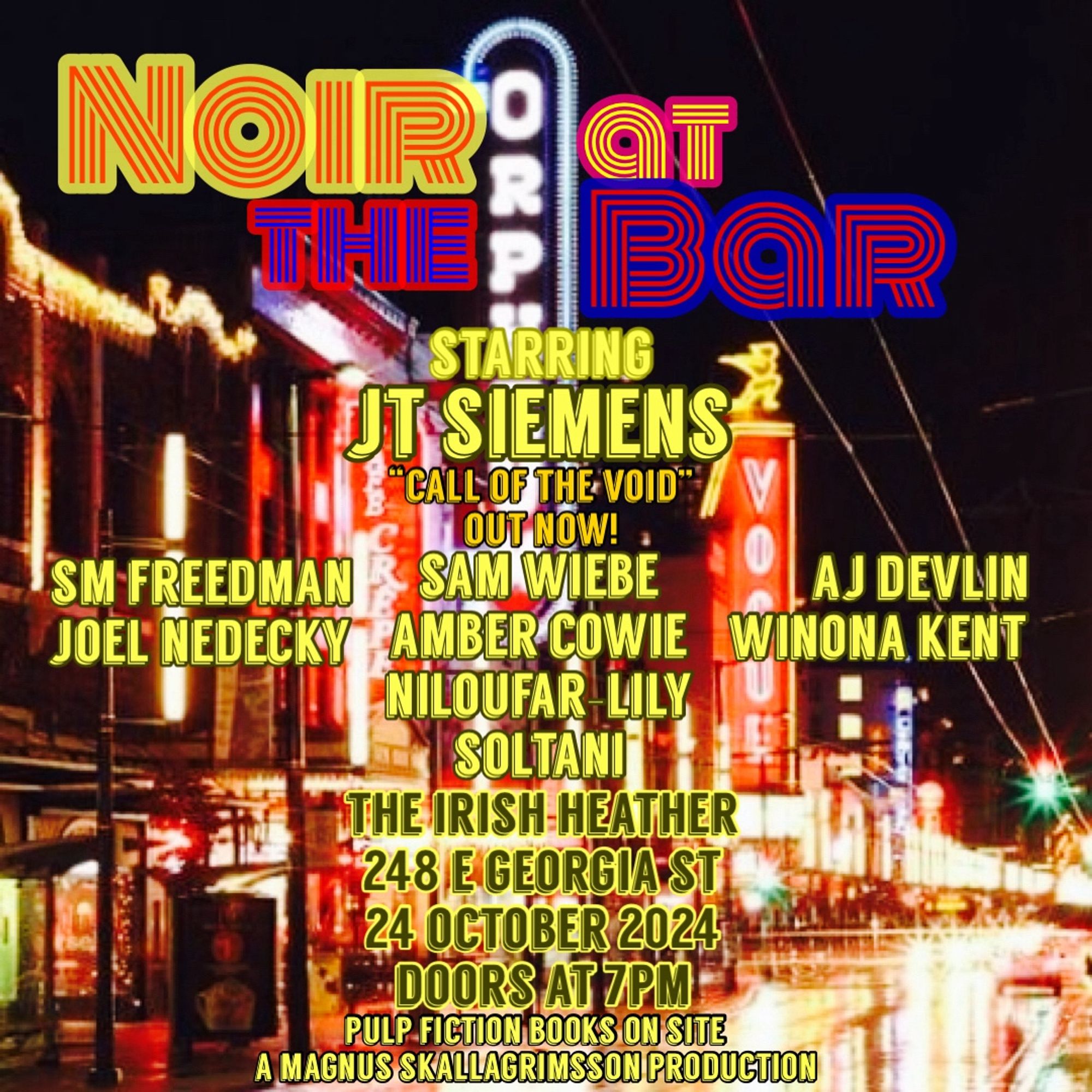 Promo card for Noir at the Bar in Vancouver at the Irish Heather, downstairs in the Scéal Eile. October 24, 2024. Door at 7PM