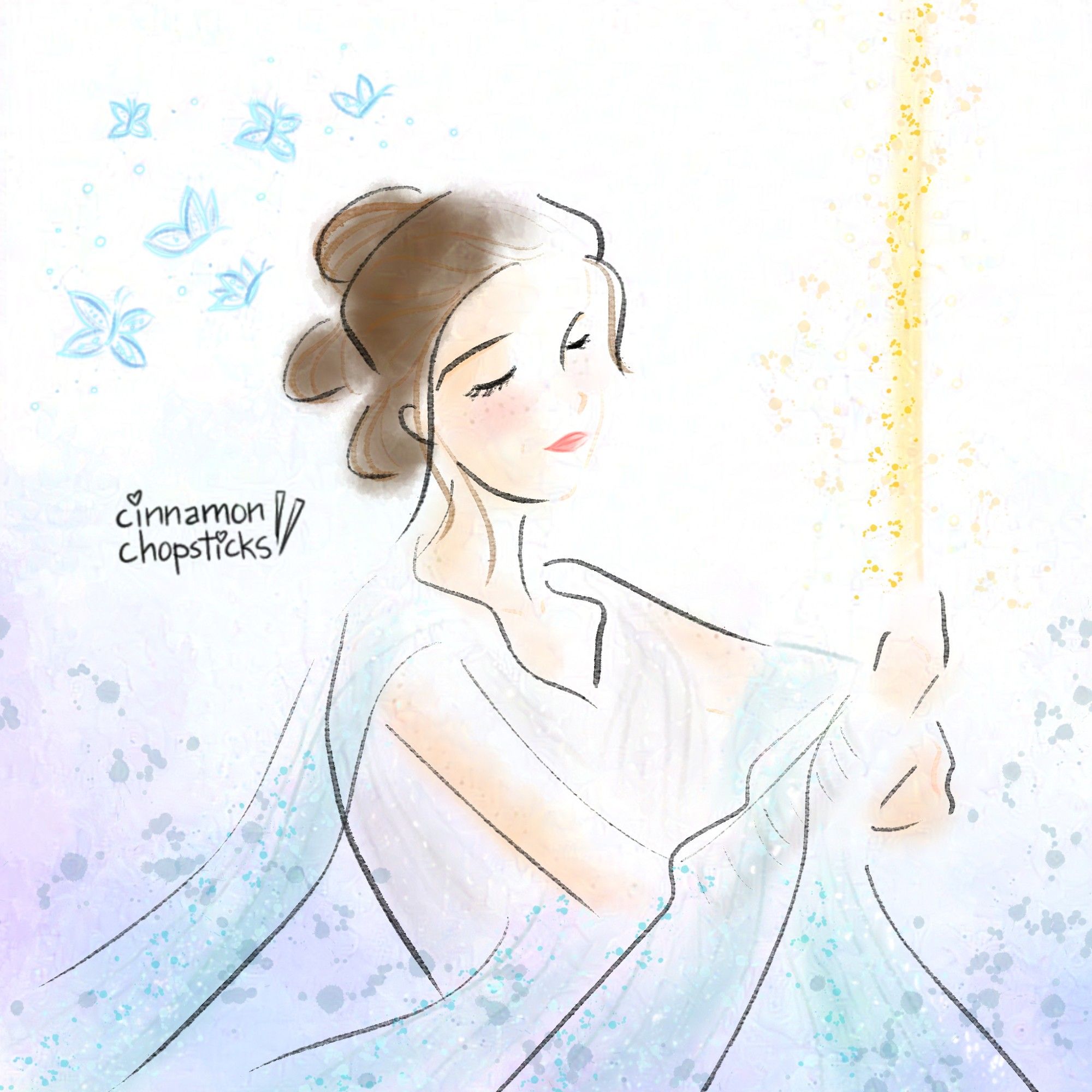 Fanart of Rey by CinnamonChopsticks. She is holding a lightsaber, bathed in light, surrounded by blue butterflies.