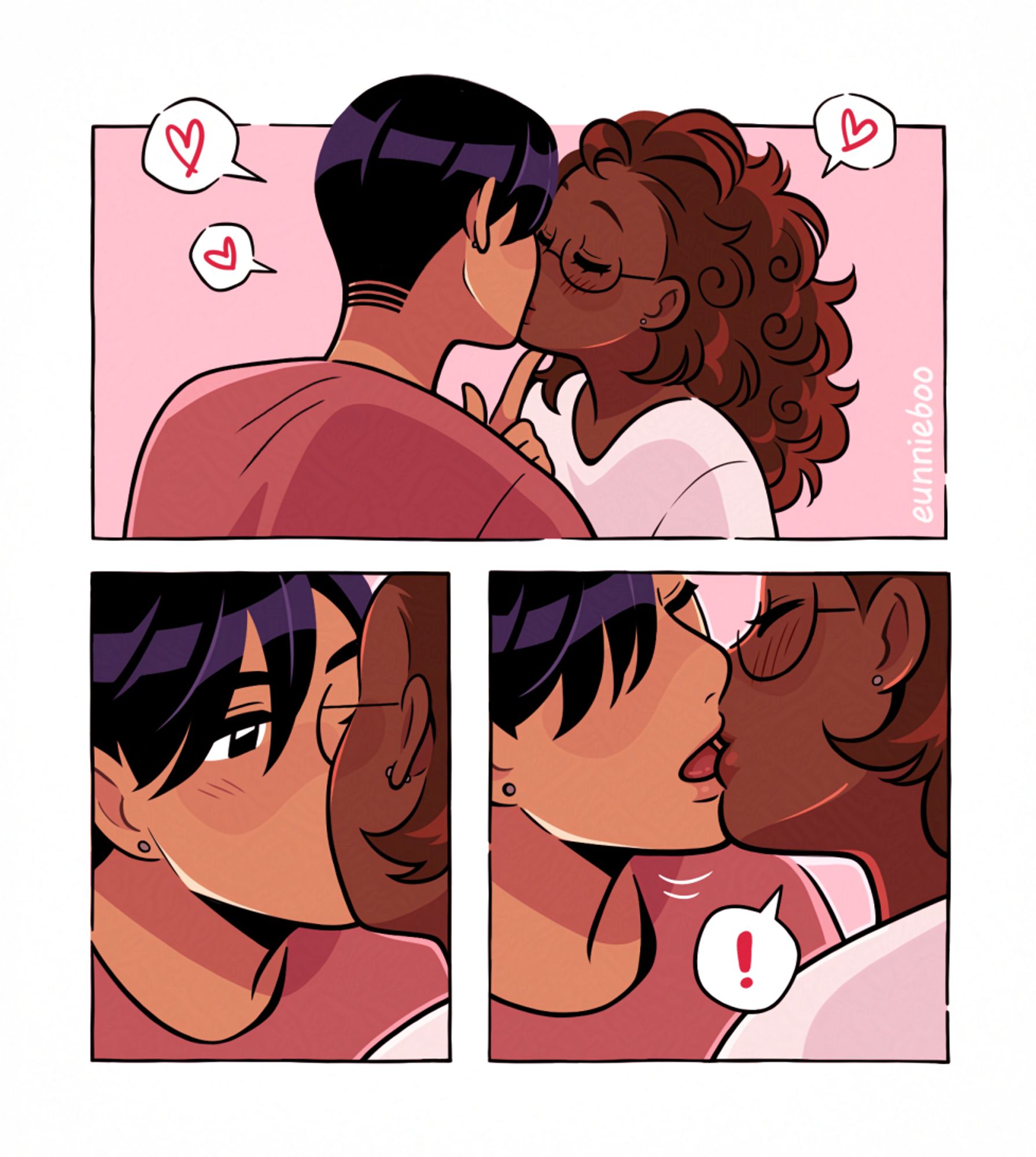 minicomic featuring momo and pg from If You’ll Have Me, eunnie’s graphic novel. page 1: momo and pg share a sweet kiss, surrounded by doodles of hearts. in the next panel, pg casts her a glance before moving forward to deepen the kiss, taking momo by surprise with the touch of her tongue.