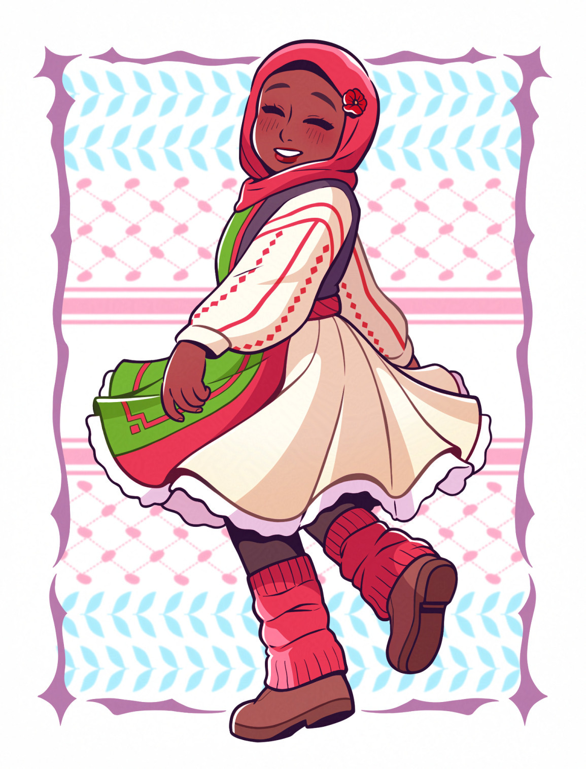 a smiling girl spins her dress, making the ruffles twirl. a small poppy flower is pinned to her red hijab, and she's wearing matching red leg warmers. her dress is inspired by traditional palestinian wear, and her outfit includes the colors of the palestinian flag. the background has the pattern of a keffiyeh. it's colored in sections of pink, blue, and white to resemble the trans flag.