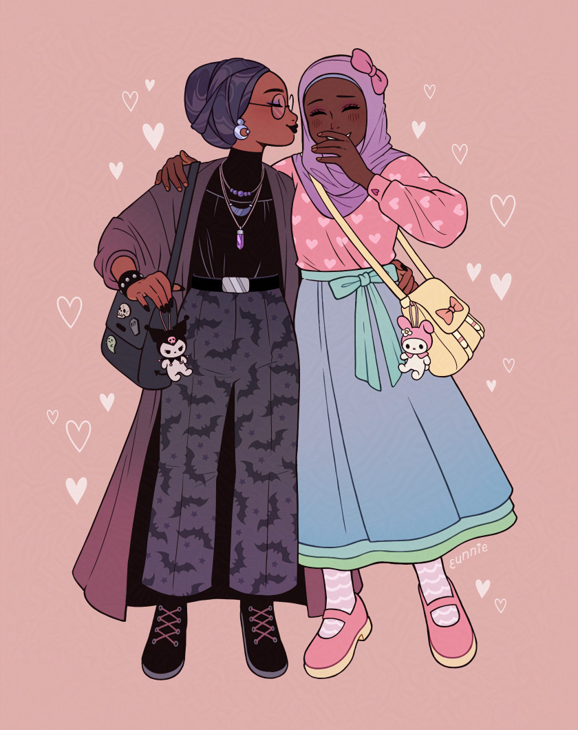 two hijabis stand side by side. the first girl has a dark, muted outfit. she wears a black turtleneck, long cardigan, and high waisted pants patterned with bats and stars. her bag has a few enamel pins and a plush charm of kuromi. she makes a kissy face at her girlfriend, who wears a pink heart-patterned blouse and long layered skirt all in light, pastel colors. she's laughing and blushing. her own bag has a matching my melody charm.