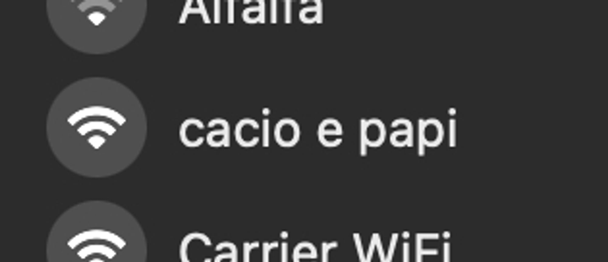 Menu of local WiFi networks showing nearby network "cacio e papi"