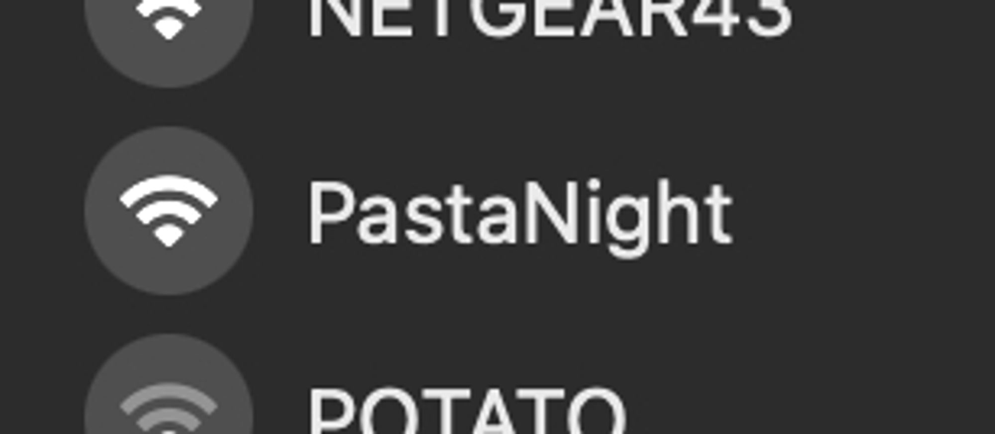 Menu of local WiFi networks showing nearby network "PastaNight"