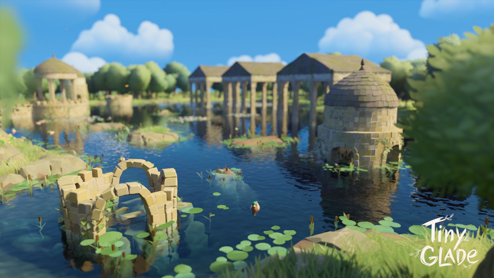 A screenshot from Tiny Glade. Stone ruins of broken towers, Greek-style temples, and a gazebo are flooded by a small lake.