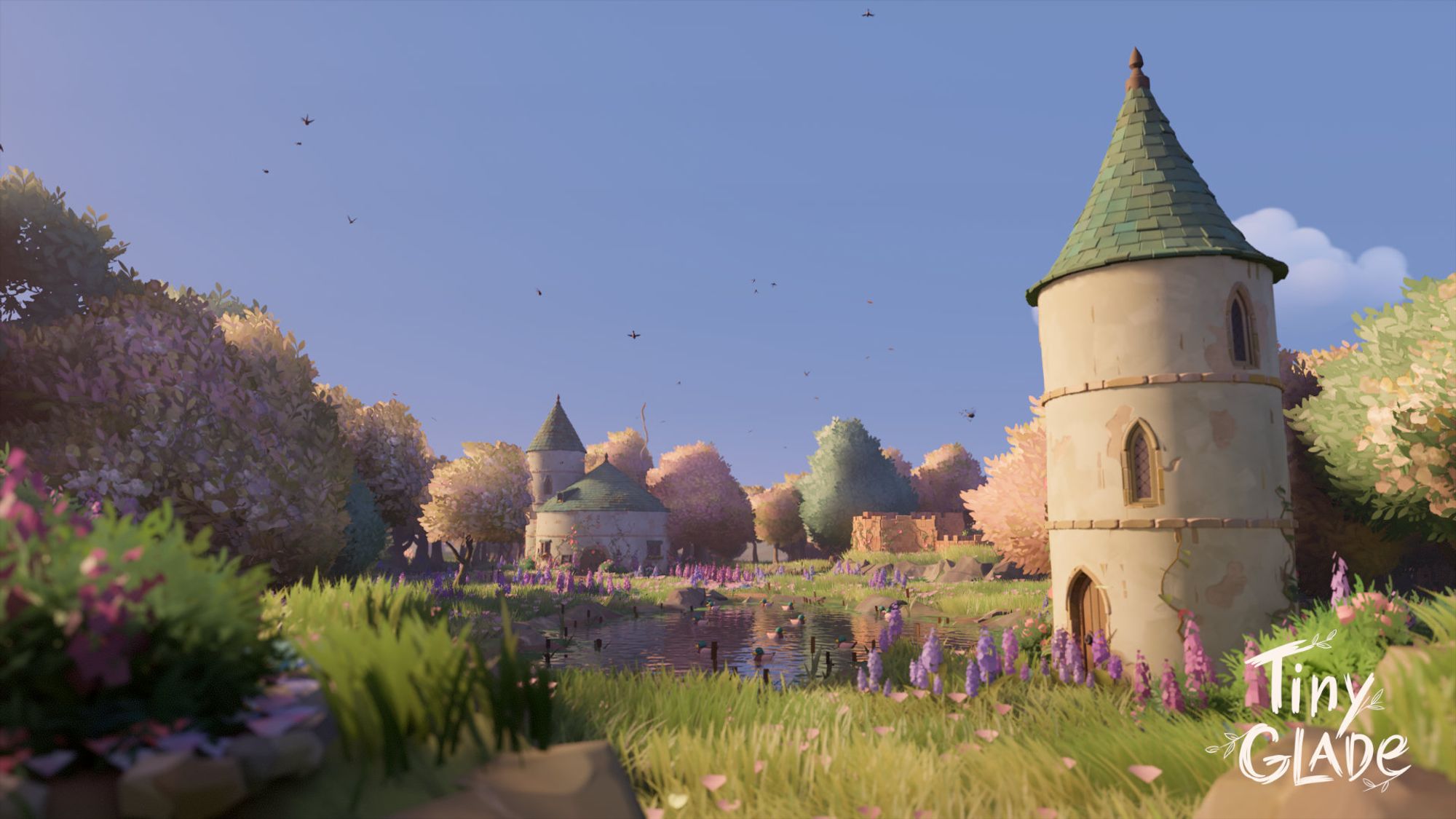 A screenshot of a build from Tiny Glade. A tower stands beside a pond, and another set of towers sit in the background