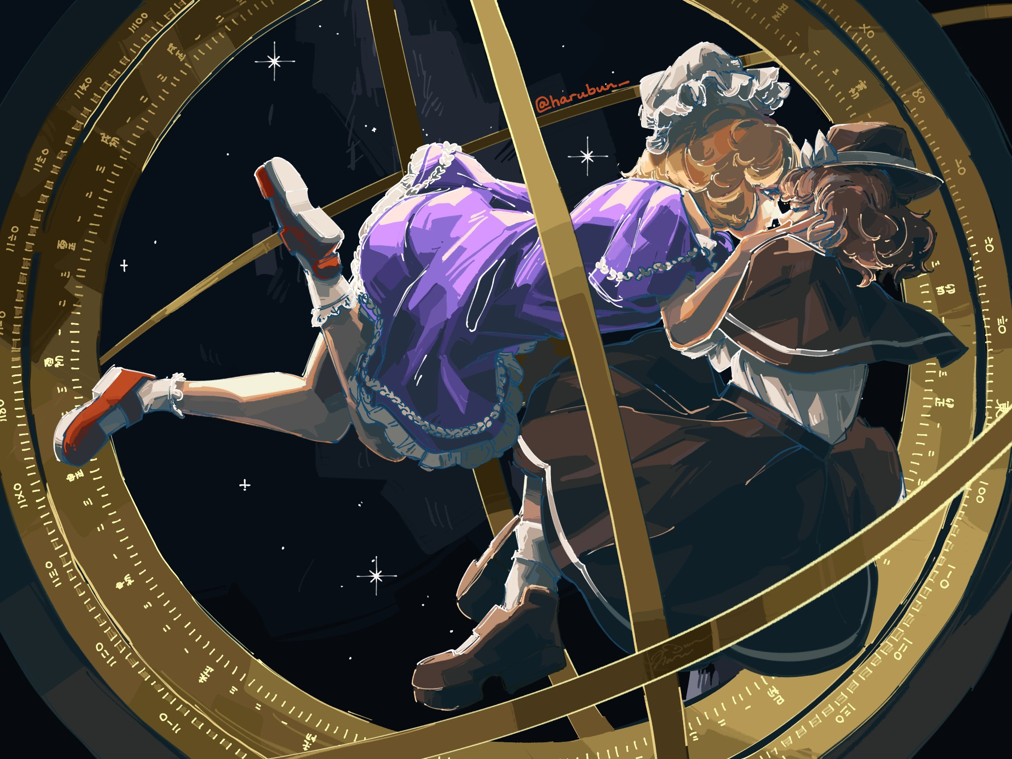 usami renko and maeribel hearn kiss in an armillary sphere in outer space