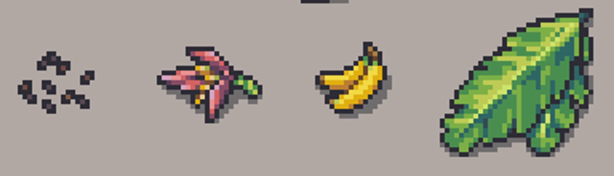 Dwarf Fortress sprites of banana seeds, flower, fruit and leaves