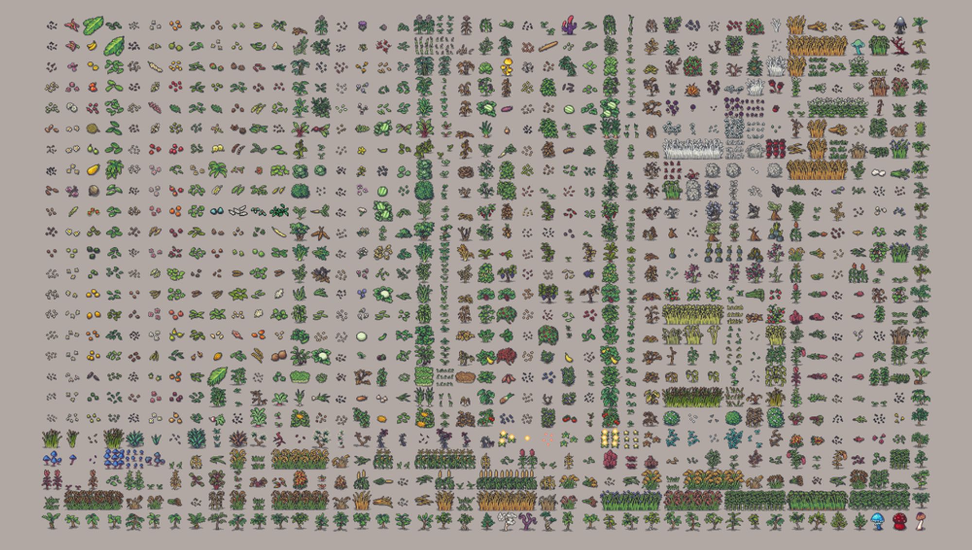 The sprites of all the plants, seeds and crops and flowers in Dwarf Fortress.