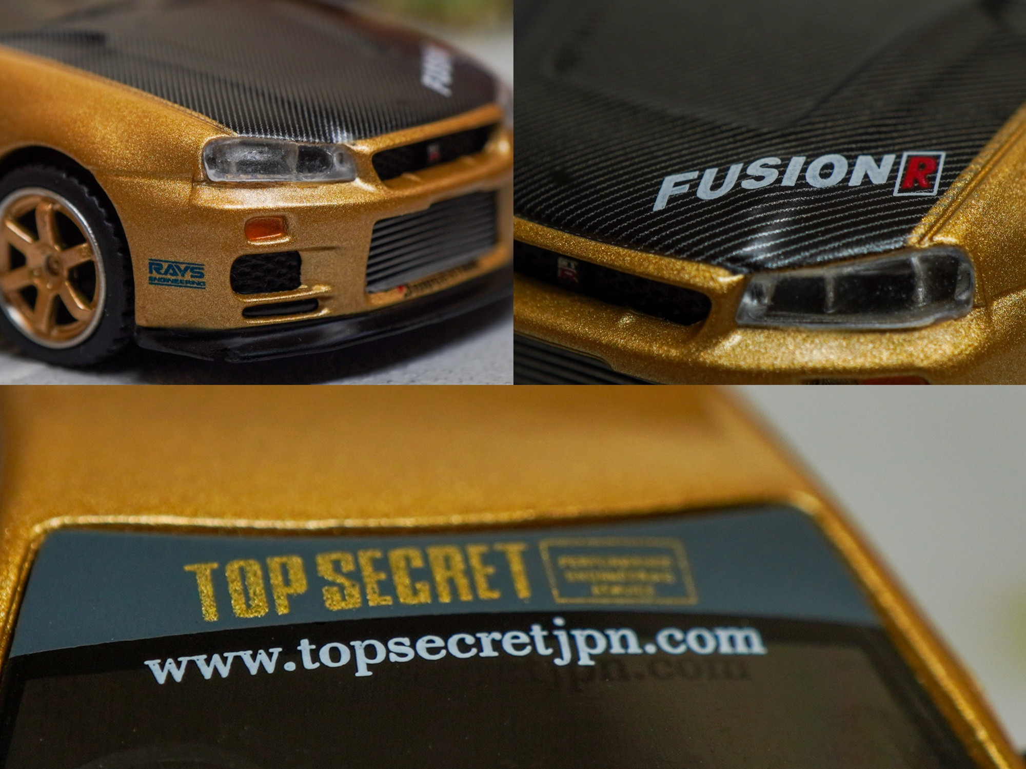 Some close-up shots of Nissan Skyline GT-R (R34) Top Secret, Top Secret Gold by MINI GT in 1:64 scale on AREA 164