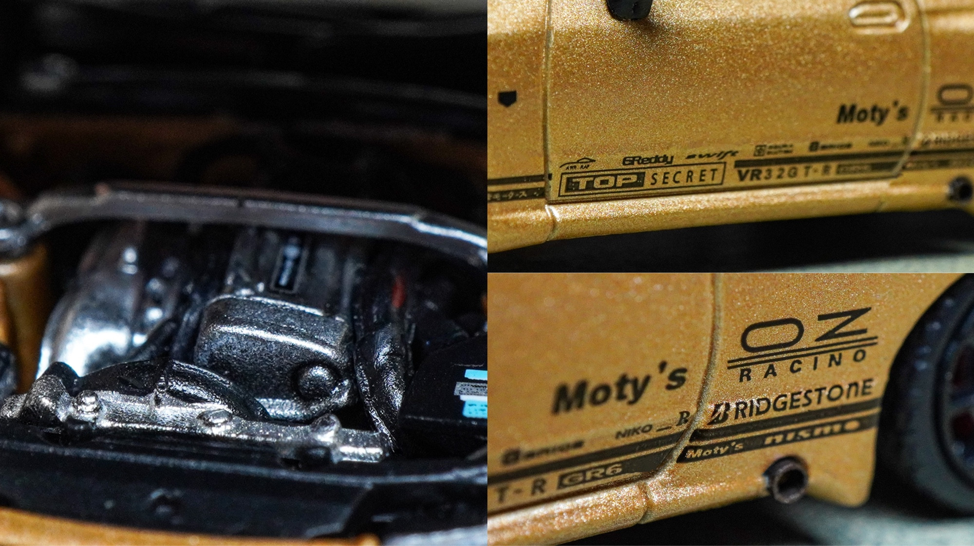 Close-up shots of Nissan Skyline GT-R VR32 Top Secret Gold by Facal Horizon in 1:64 scale on AREA 164