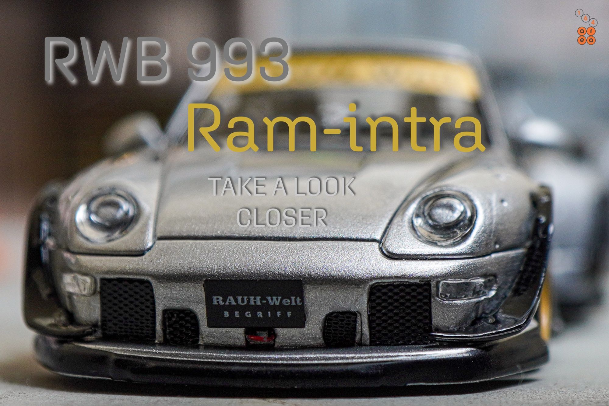 A close-up shot of Porsche RWB 993 Ram-intra by Street Weapon in 1:64 scale with 1:64 figure on AREA 164