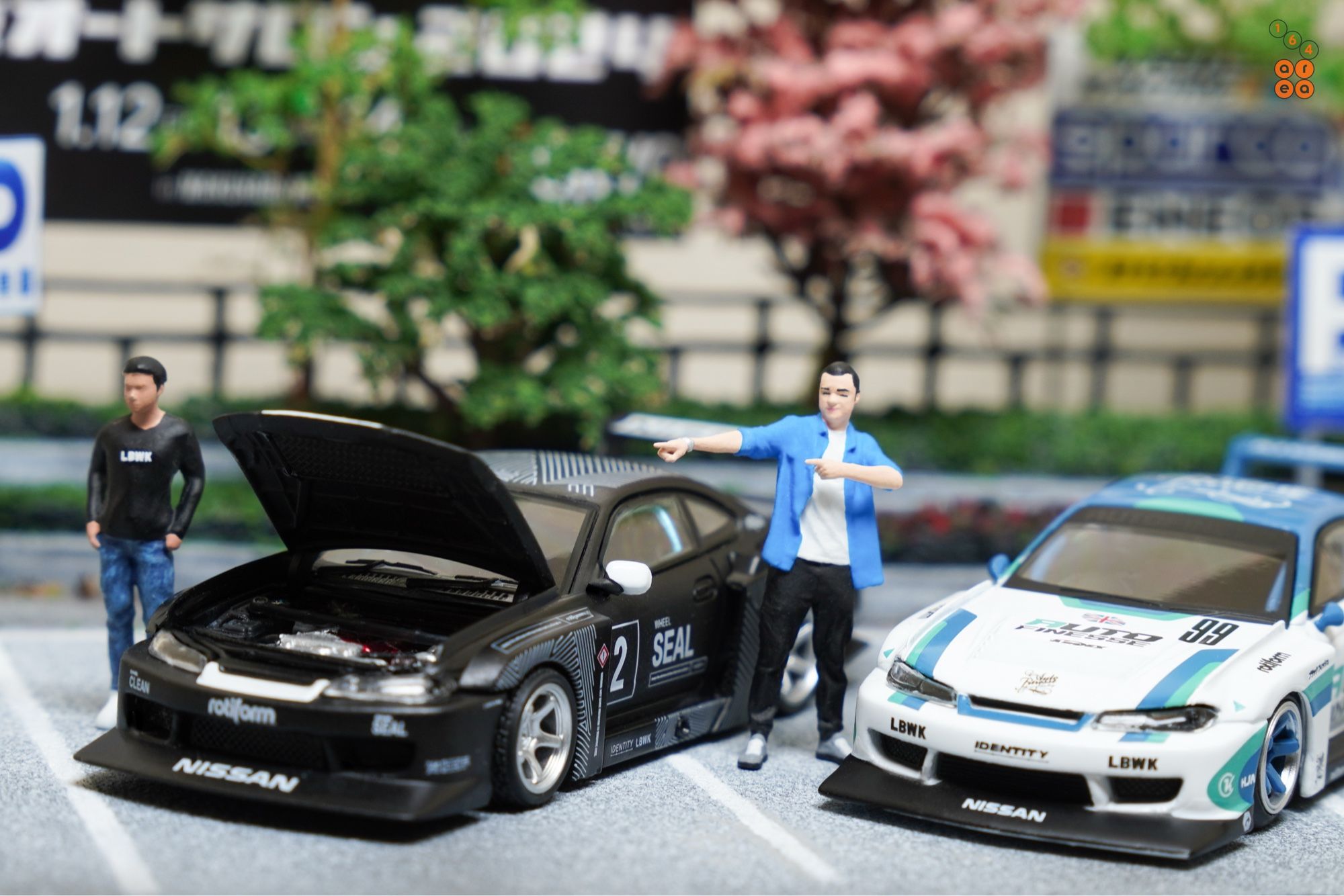 Two guys and LB-Super Silhouette, Nissan Silvia S15 by Time Micro and MINI GT in 1:64 scale with 1:64 figures on AREA 164