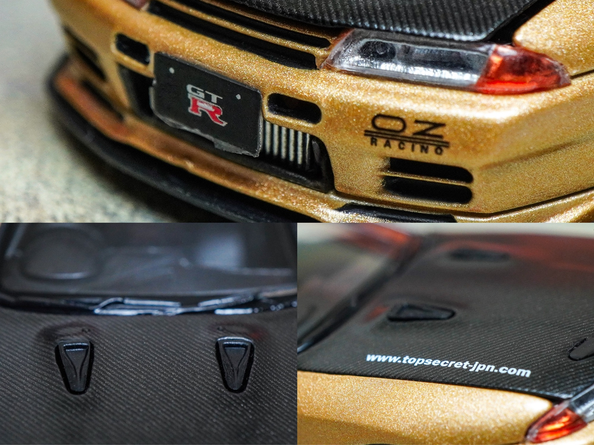 Close-up shots of Nissan Skyline GT-R VR32 Top Secret Gold by Facal Horizon in 1:64 scale on AREA 164