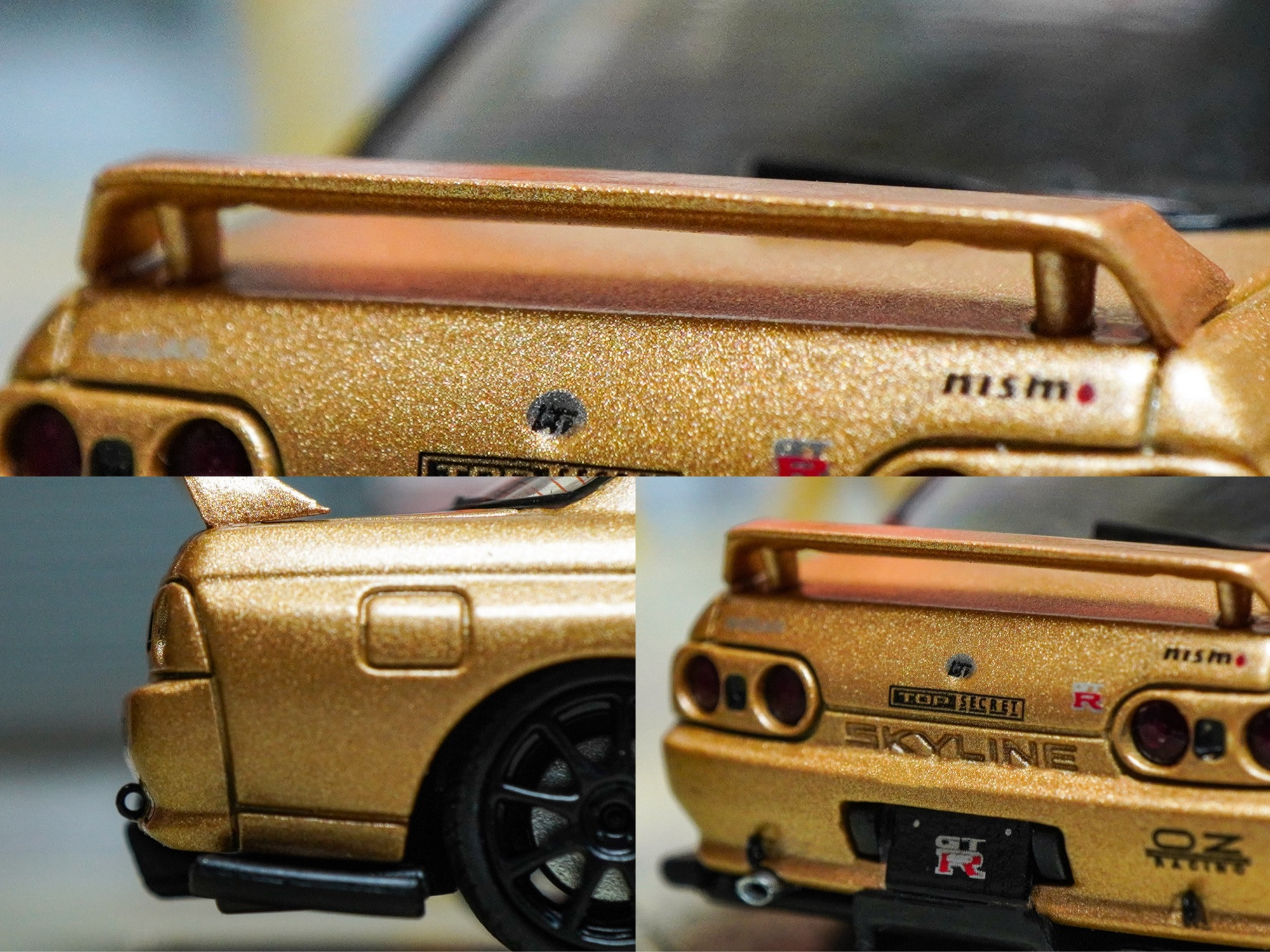 Close-up shots of Nissan Skyline GT-R VR32 Top Secret Gold by Facal Horizon in 1:64 scale on AREA 164