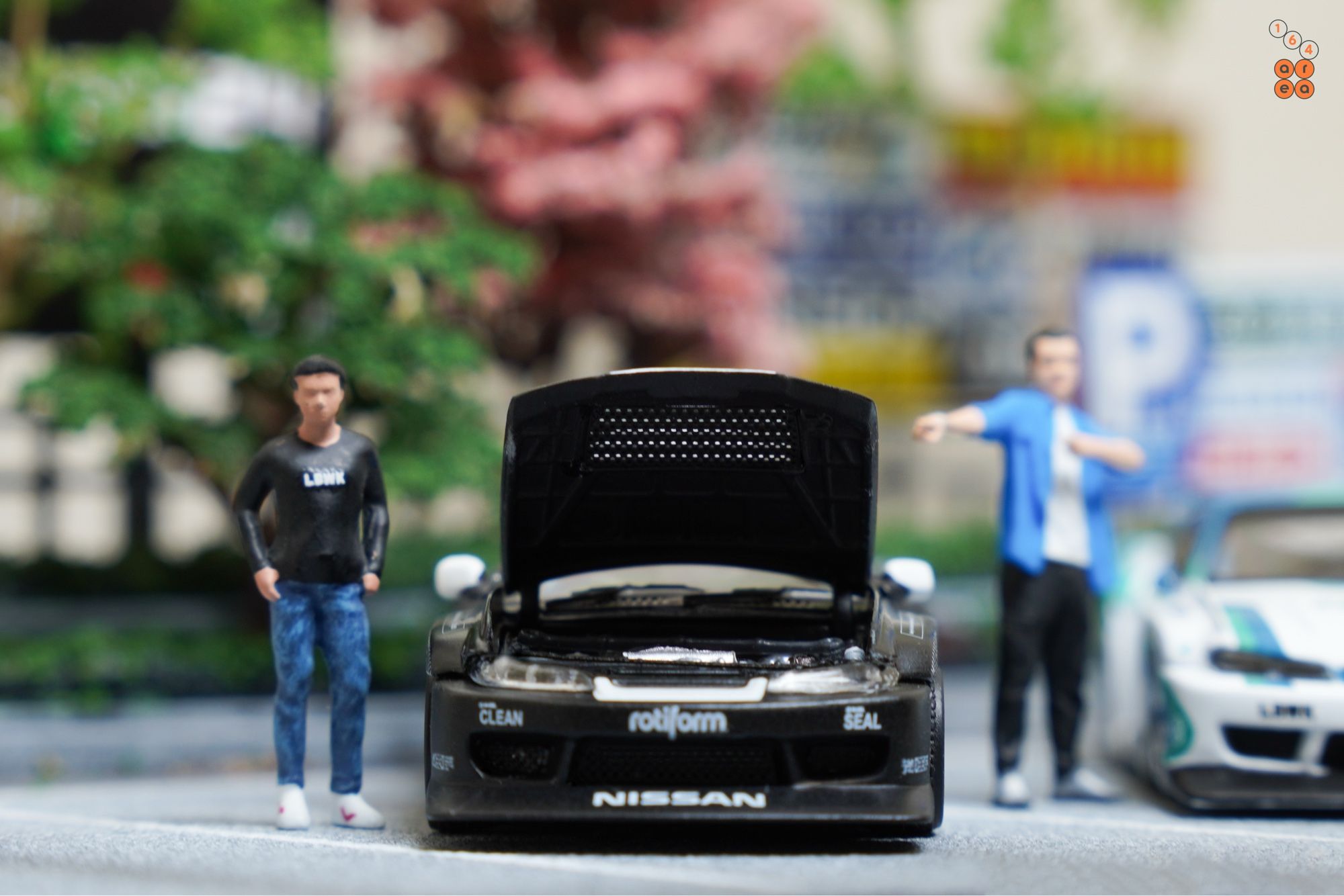 Two guys and LB-Super Silhouette, Nissan Silvia S15 by Time Micro and MINI GT in 1:64 scale with 1:64 figures on AREA 164