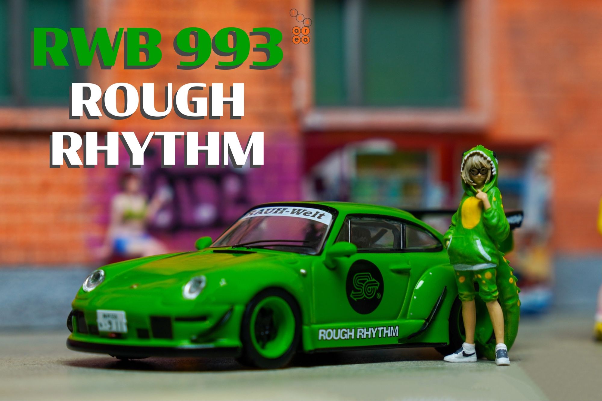 A left side of Porsche RWB 993 Rough Rhythm by Tarmac Works in 1:64 scale with 1:64 figures on AREA 164