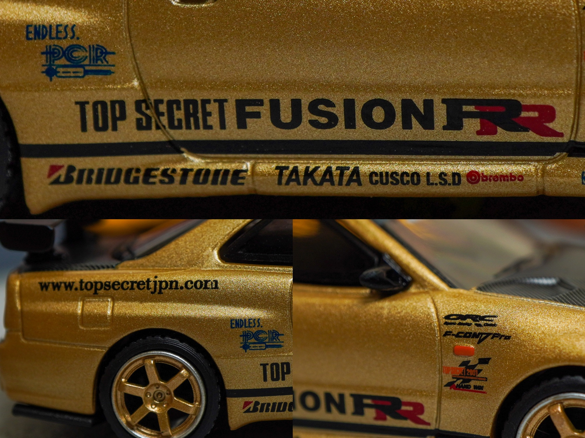 Some close-up shots of Nissan Skyline GT-R (R34) Top Secret, Top Secret Gold by MINI GT in 1:64 scale on AREA 164