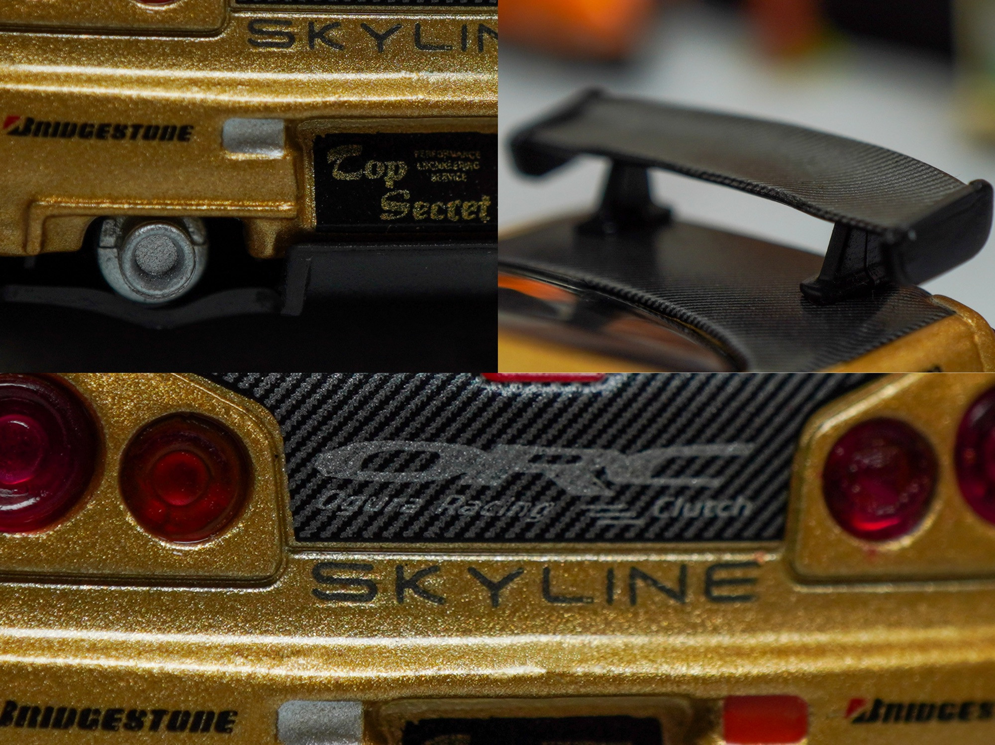 Some close-up shots of Nissan Skyline GT-R (R34) Top Secret, Top Secret Gold by MINI GT in 1:64 scale on AREA 164