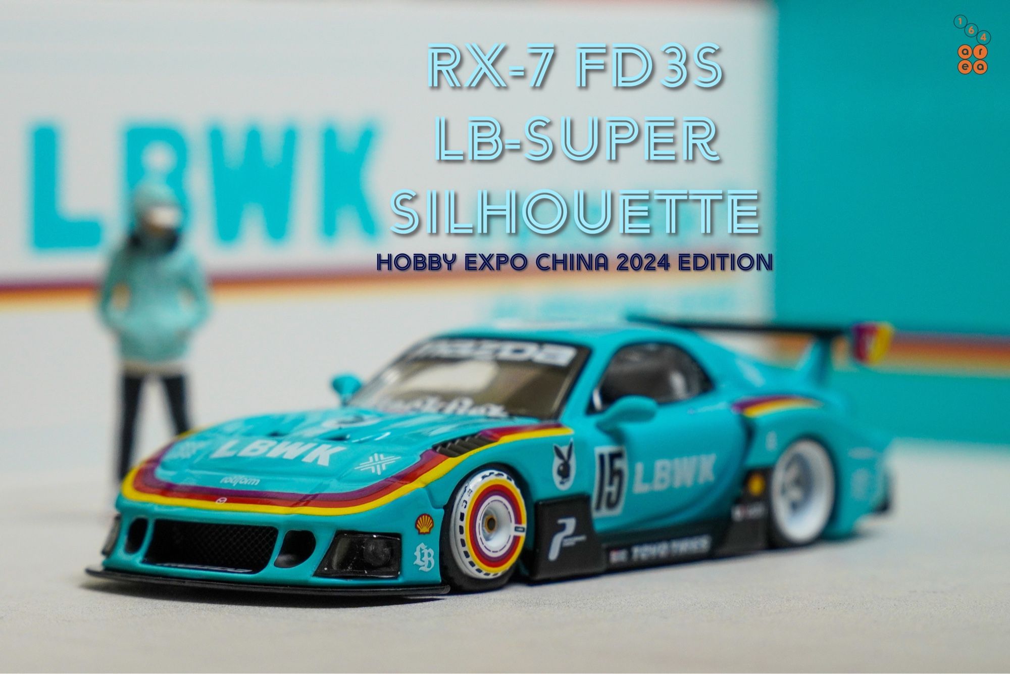 A left side of Mazda RX-7 FD3S, LB-Super Silhouette, Hobby Expo China 2024 Edition by iNNO64 in 1:64 scale with 1:64 figure on AREA 164