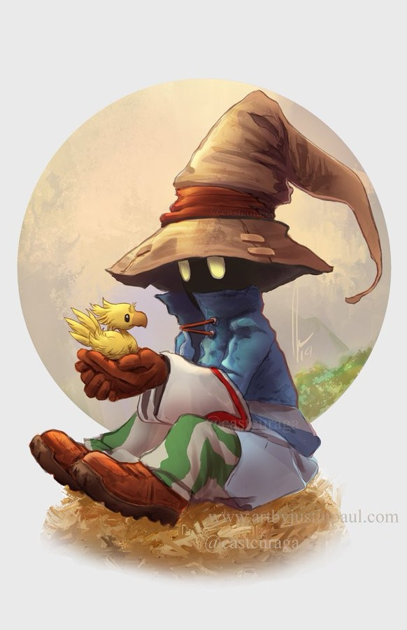 Fan Art of the character Vivi from Final Fantasy IX holding the baby Chocobo Bobby Corwen.