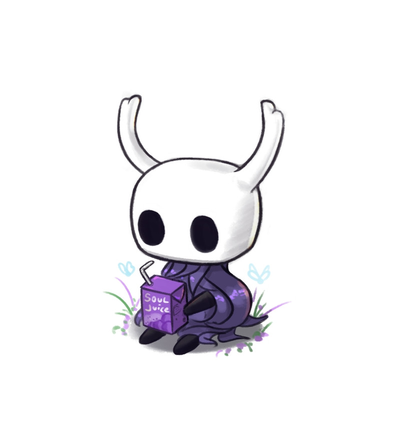 The knight from the game Hollow Knight sitting down sipping their lil juice box with text saying 'soul juice' on the box