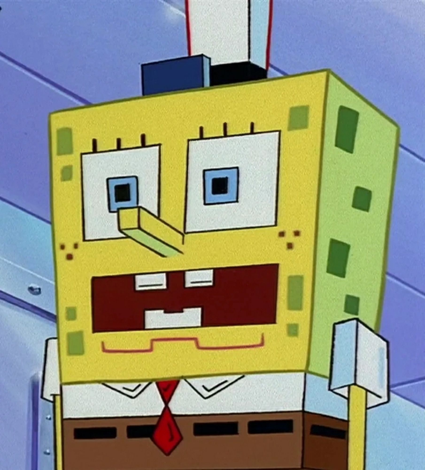 Sponge-Tron, from the Spongebob episode 'SB-129' I think it was called, cbf checking, where Squidward travels into the future and everything is made of chrome. Anyway, this is Spongebob as a robot, and he's square and his edges are squared off and idk what to say other than this is a robot Spongebob, sorry I can't be more help here lmao