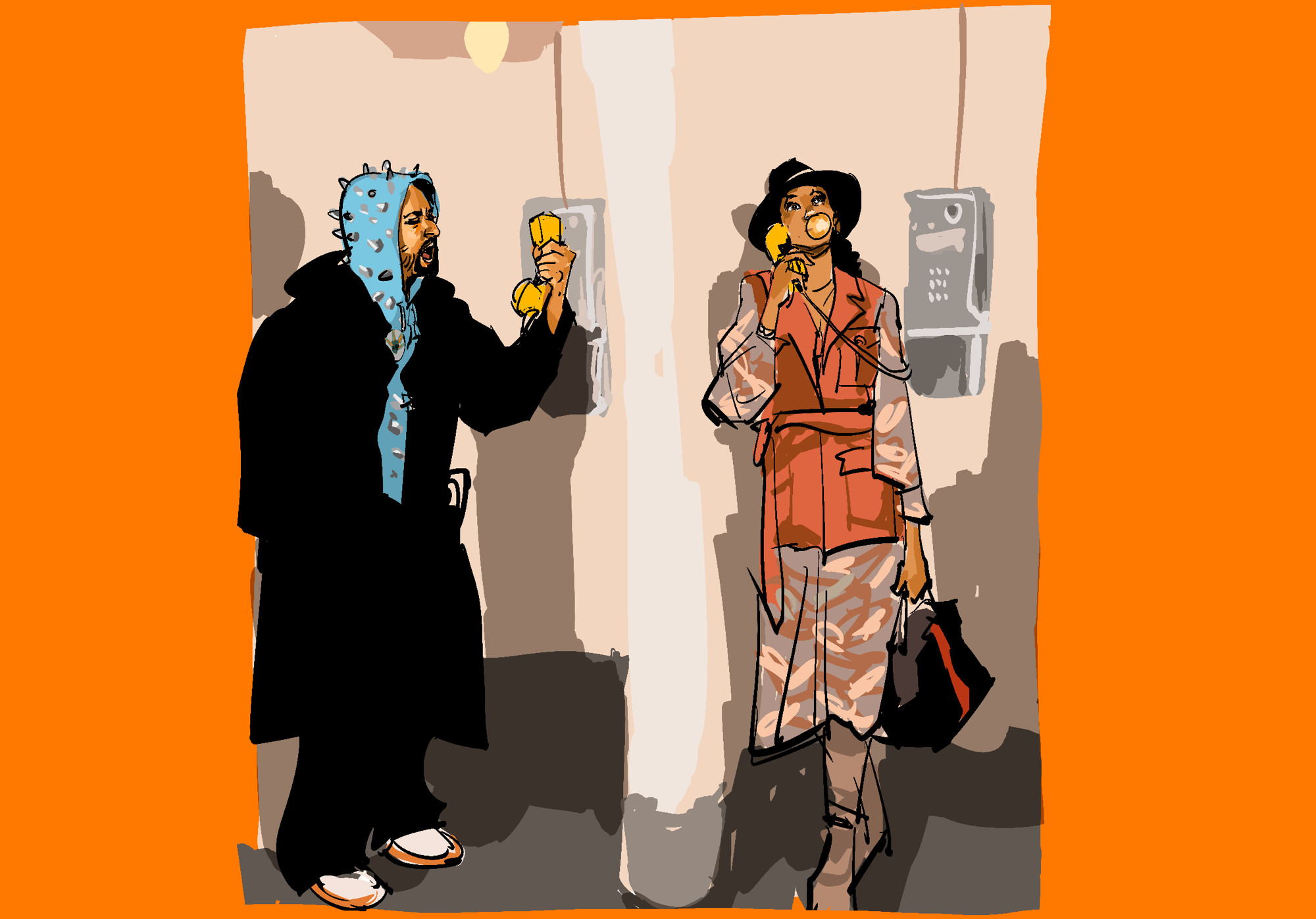 sketch of magazine photoshoot of Lin Manuel Miranda and Eisa Davis, in phone booth. Miranda with blue studs attached hoodie, shouting, and Davis with retro dress.