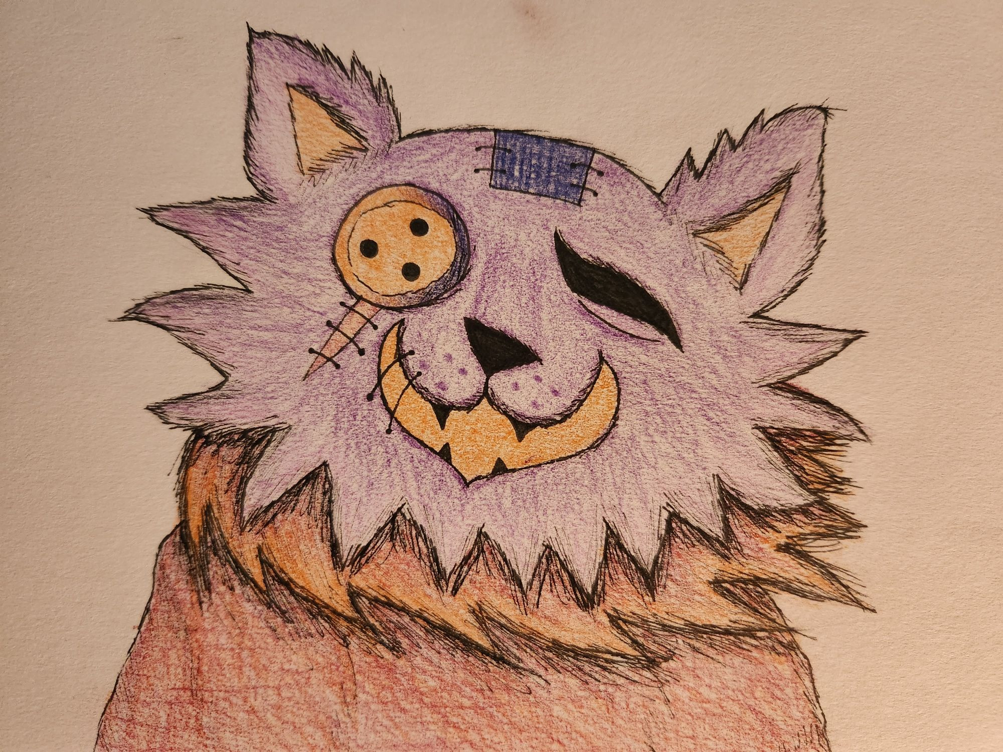 A pen and coloured pencil drawing of Seam (pronounced like "Shawn"), the cat plush shopkeeper from Deltarune.