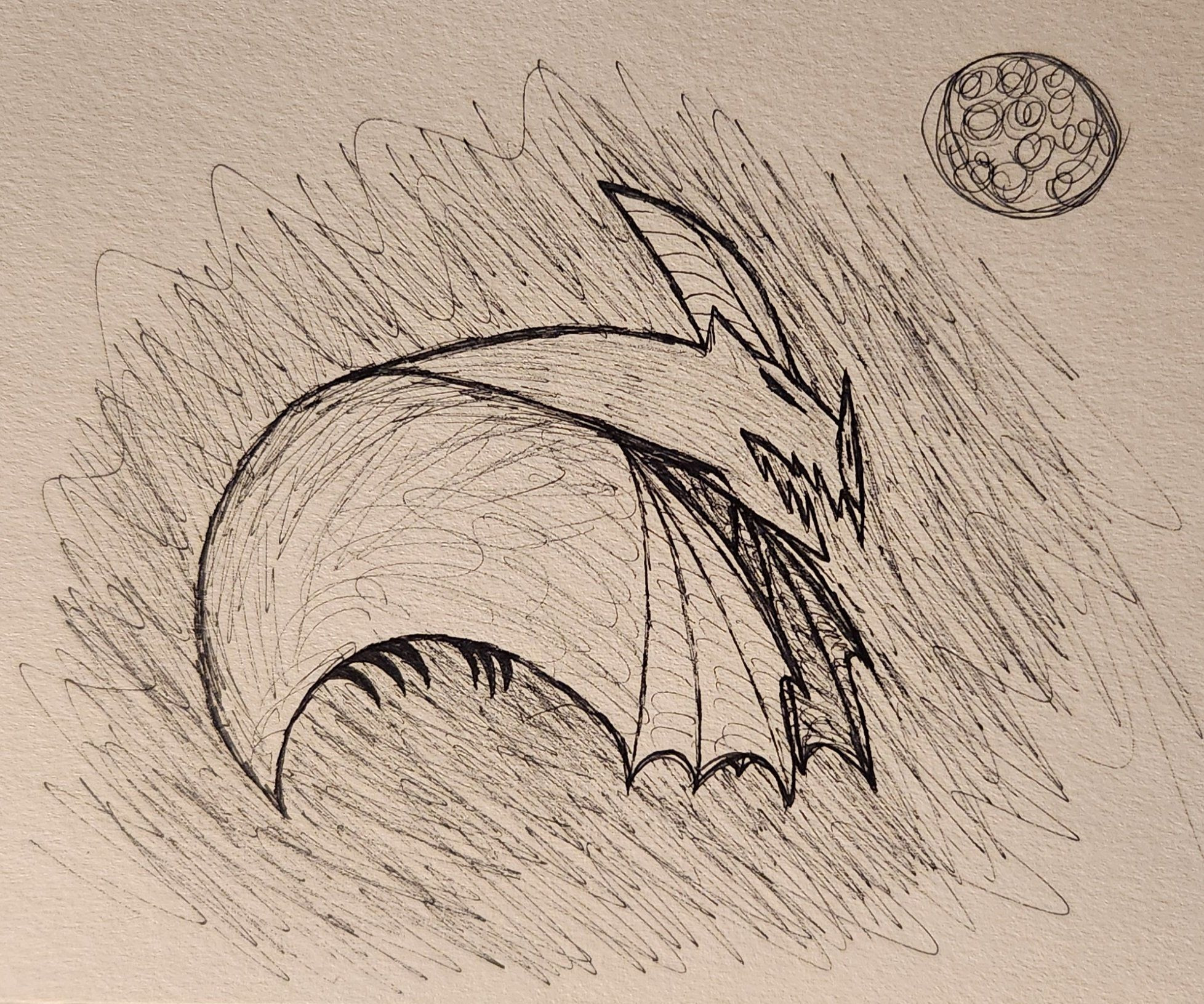 Stylized black and white pen drawing of a bat flying beneath a moon.