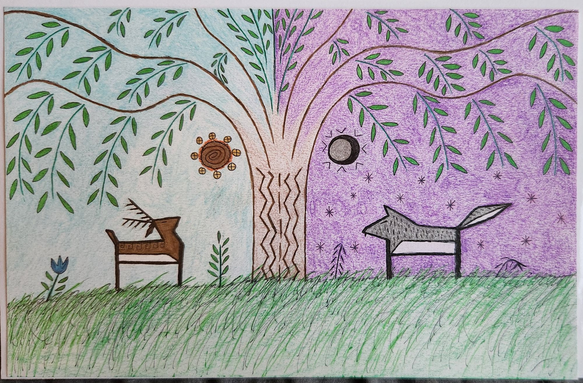 A stylized pen and coloured pencil drawing of a stag and wolf standing on either side of a weeping willow tree. The tree sits at the center of the image, dividing the page into a day half with a stylized sun and blooming plants on the stag's side, and a night half with a stylized moon and dead plants on the wolf's side.