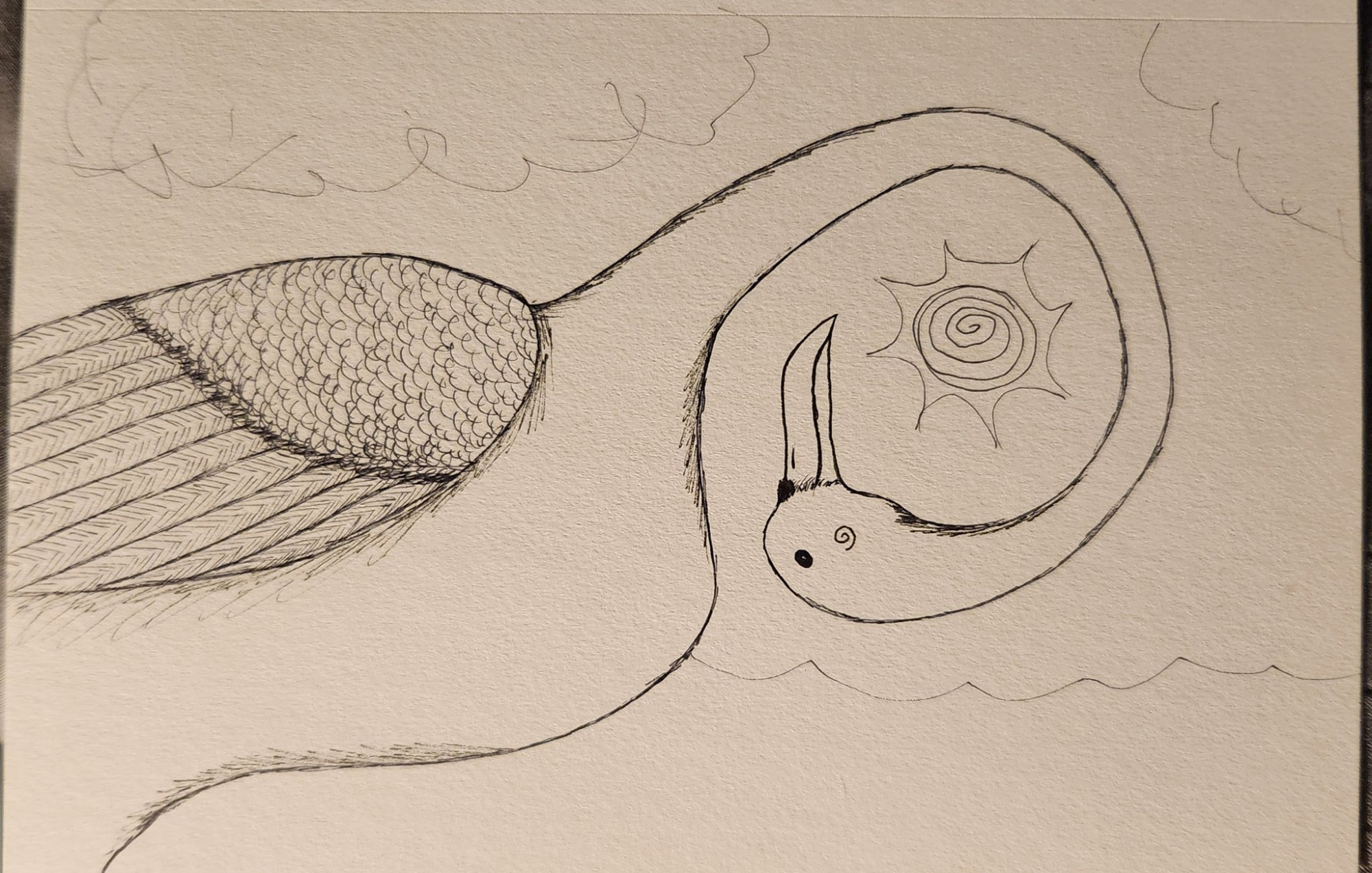 Stylized black and white pen drawing of a bird curling its long neck around the sun.