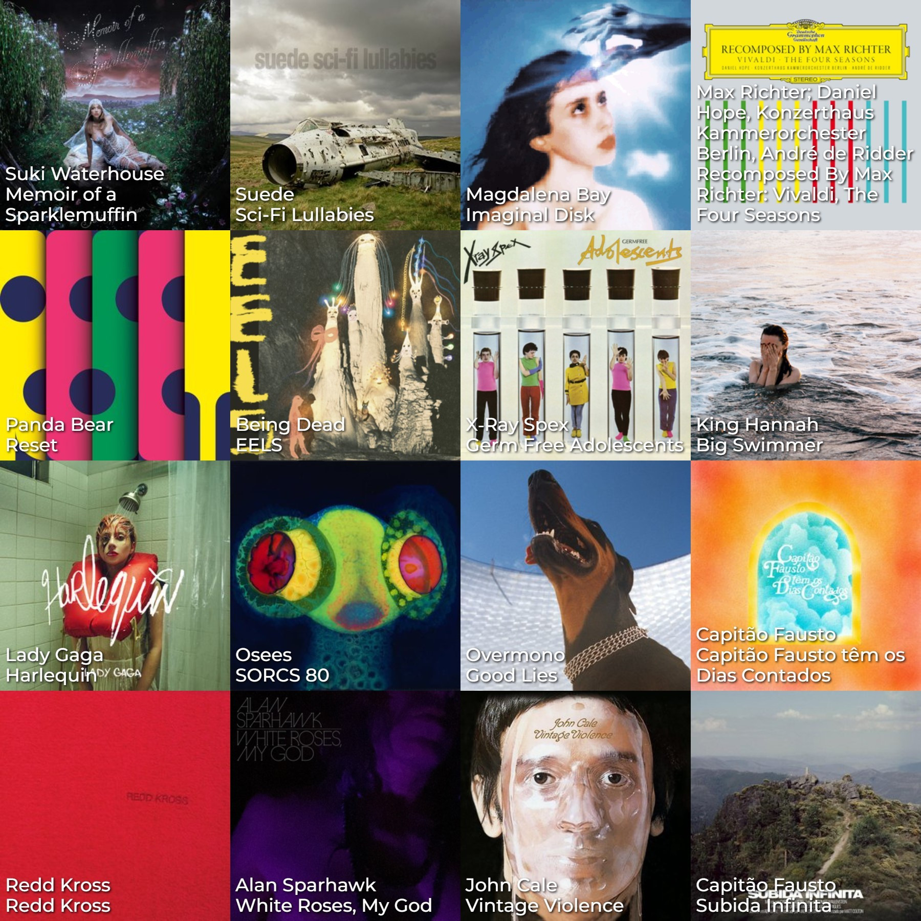 An automatically generated 4 by 4 grid of covers from the albums most played by me this week, the top four being: Suki Waterhouse's Memoir of a Sparklemuffin; Suede's Sci-Fi Lullabies; Magdalena Bay's Imaginal Disk; and Max Richter's Vivaldi, The Four Seasons recomposed by Max Richter.