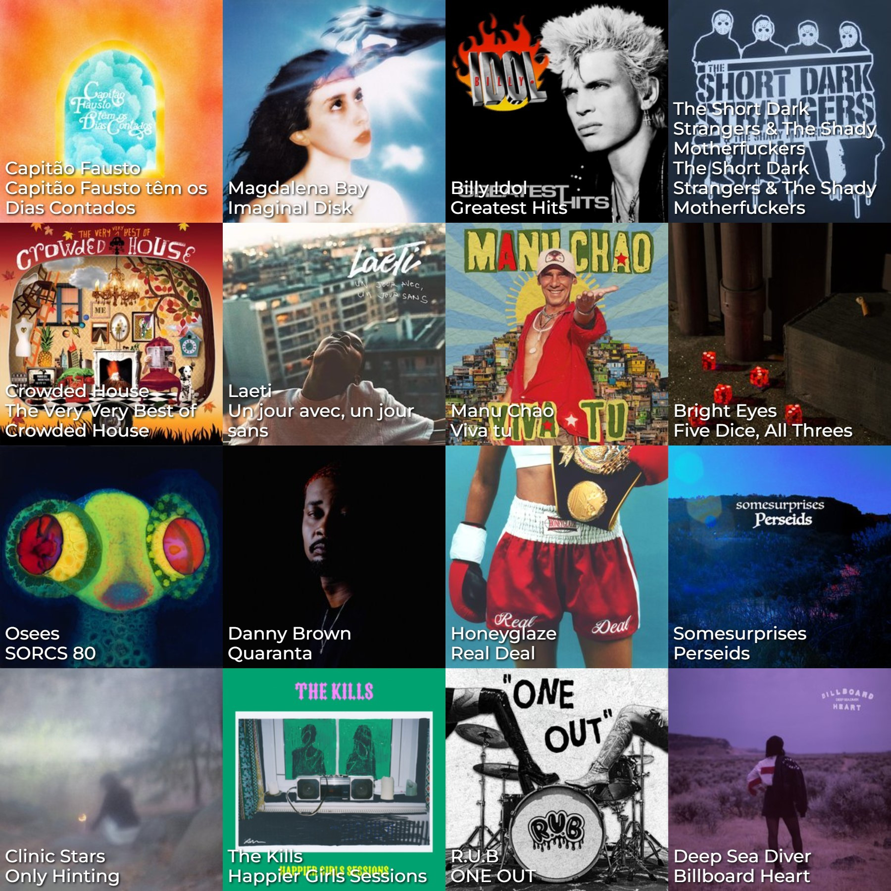 An automatically generated 4 by 4 grid of covers from the albums most played by me this week, the top four being: Capitão Fausto's Capitão Fausto têm os Dias Contados; Magdalena Bay's Imaginal Disk; Billy Idol's Greatest Hits; and The Short Dark Strangers and The Shady Motherfuckers' self-titled 2018 album.