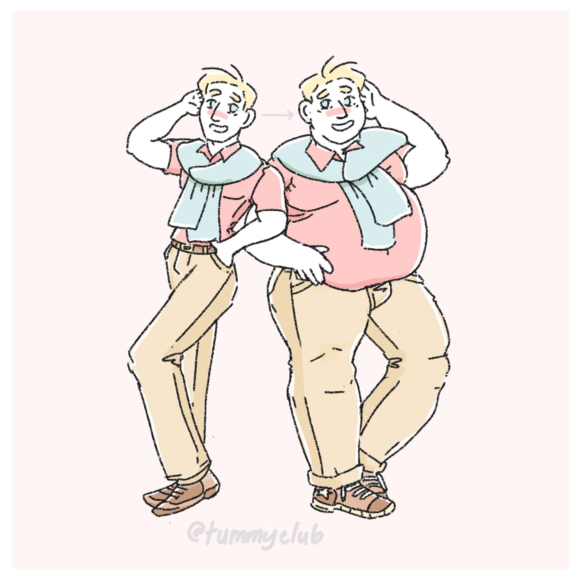 a side by side comparison of a blond, blue eyed man in khaki pants, a salmon polo, and a blue cardigan with his hand behind his head, blushing. one side he is thin, and the other he has gained considerably weight.