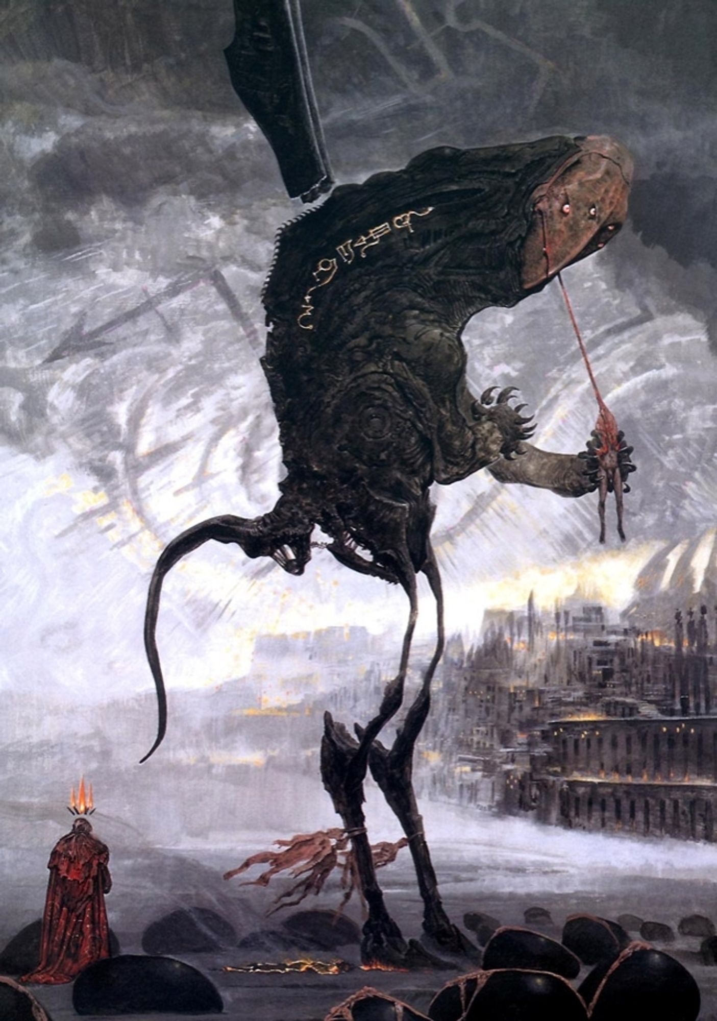 barlowe's painting "hell's first born", which depicts a native denizen of hell from before it was colonized by demons, a bizarre spindly legged bird monster eating a hapless lost soul on the outskirts of dis, the city of the damned.