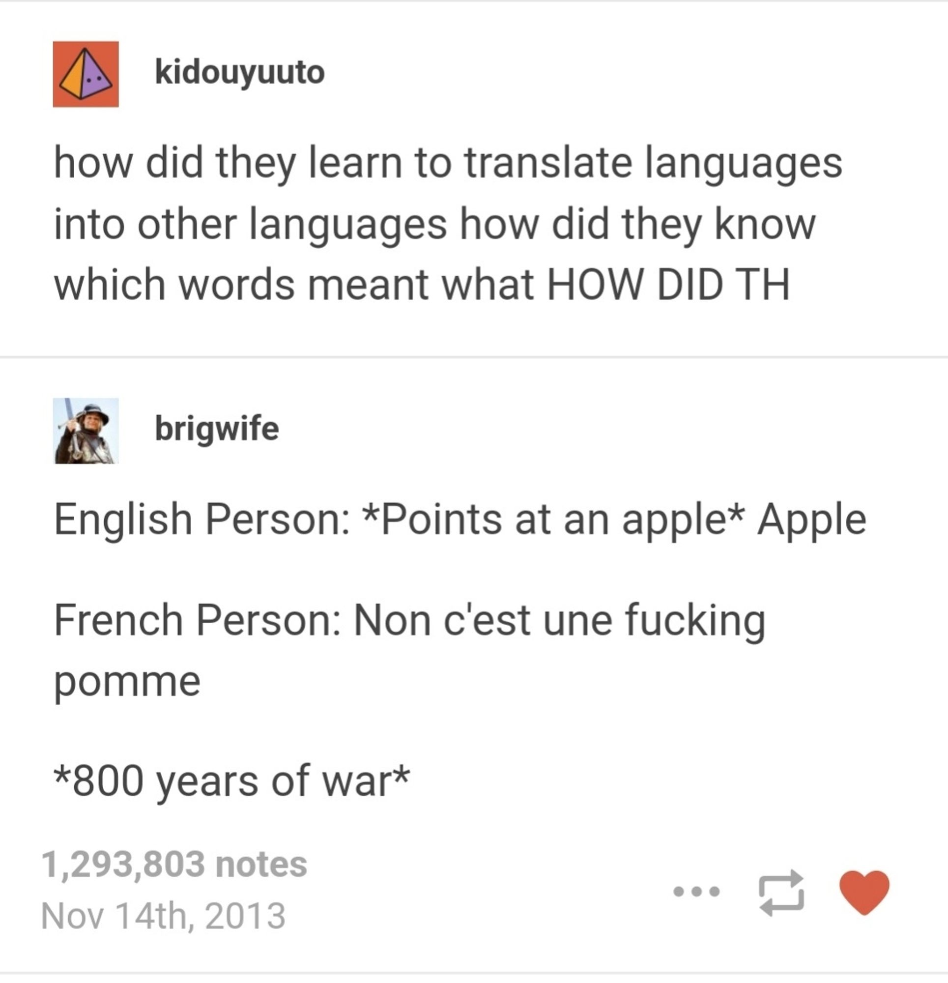 tumblr post by kidouyuuto asking "how did they learn to translate languages into other languages how did they know which words meant what HOW DID TH-". reply by brigwife. "english person: *points at an apple.* apple. french person: non c'est une fucking pomme. *800 years of war.*"