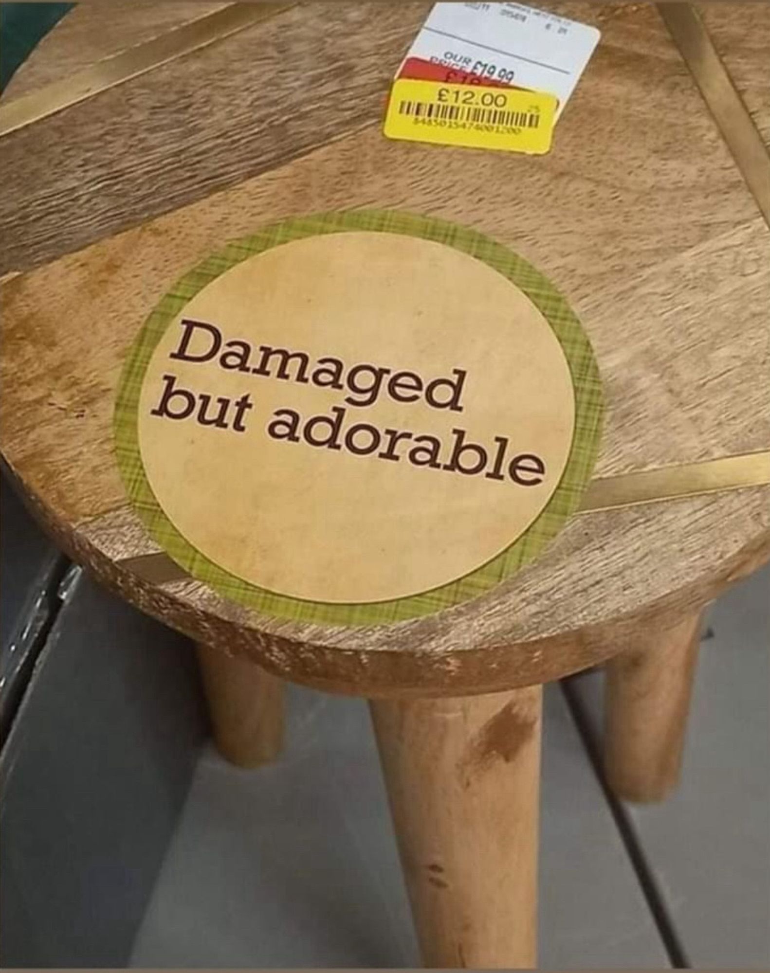 Table with text that reads “damaged but adorable.”