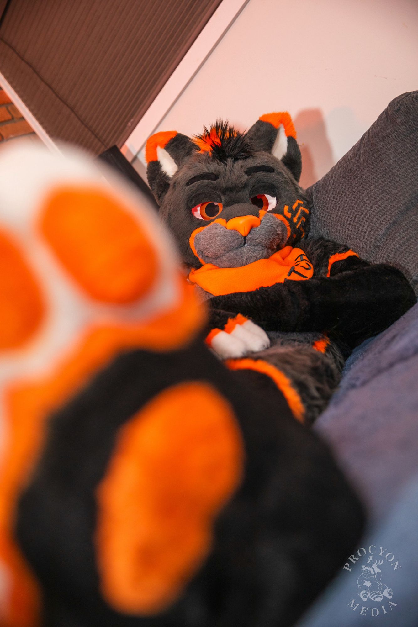 Glitch in full fursuit lounging on a couch and looking down at the camera with his eyelids slightly lowered. The photo is taken at a near diagonal angle from the feet up, with one foot paw obscuring about half of the image but very out of focus. Glitch's face in the background is clearly visible.