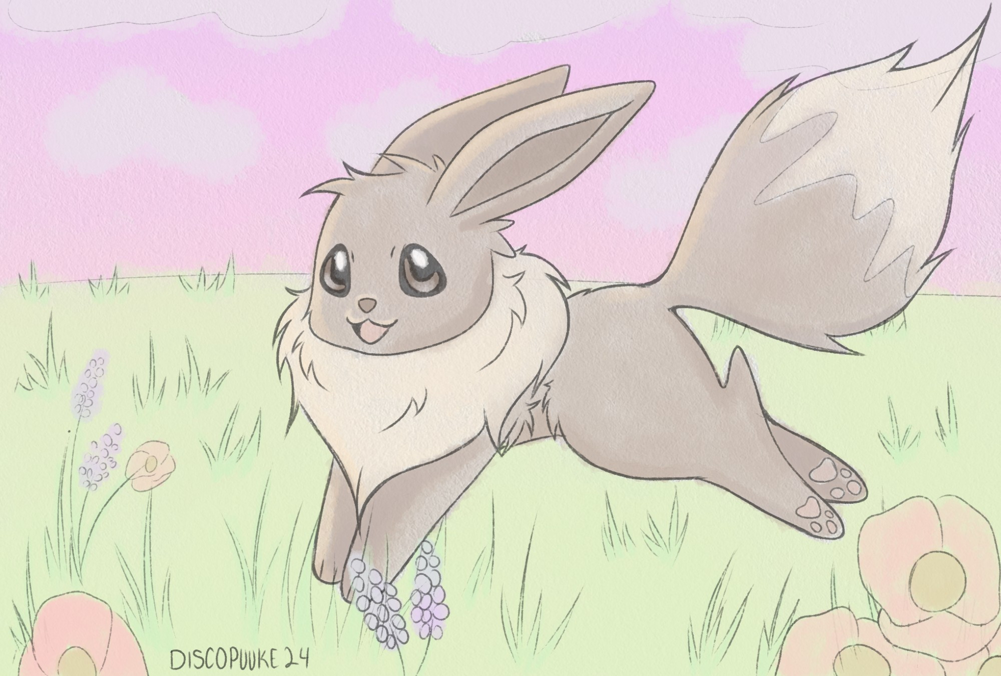 The fox-like Pokemon Eevee is running through a field with purple and red wildflowers. The sky is pink with fluffy clouds floating. Eevee is posed like they are running or frolicking through the flowers and grass. Their mouth is open in a smile.