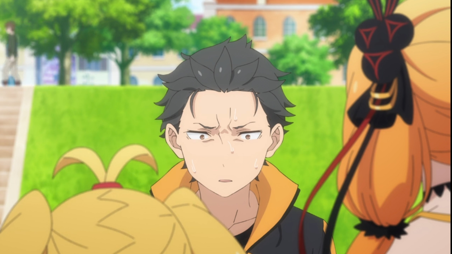 Screenshot from Re:Zero season 3 episode 2 of Subaru, he looks deep in thought, confused, sweating from just coming back to life, nervous, in despair. In forefront there are two characters, Ptlriscilla and the new character who sings, i forgot her name