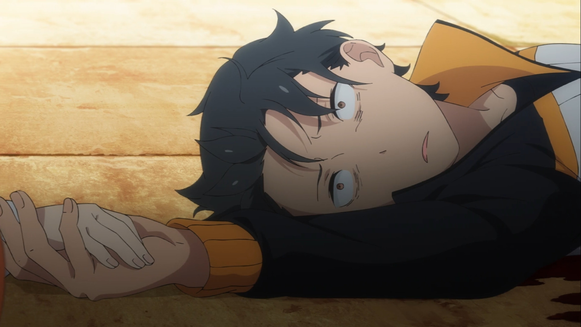 Screenshot from Re:Zero season 3 episode 2 of Subaru, he is dead. Even tho he is dead in this frame he looks pretty with his messy hair and suffering expression. His corpse is holding hand of a boy who he tried to rescue, who is also dead