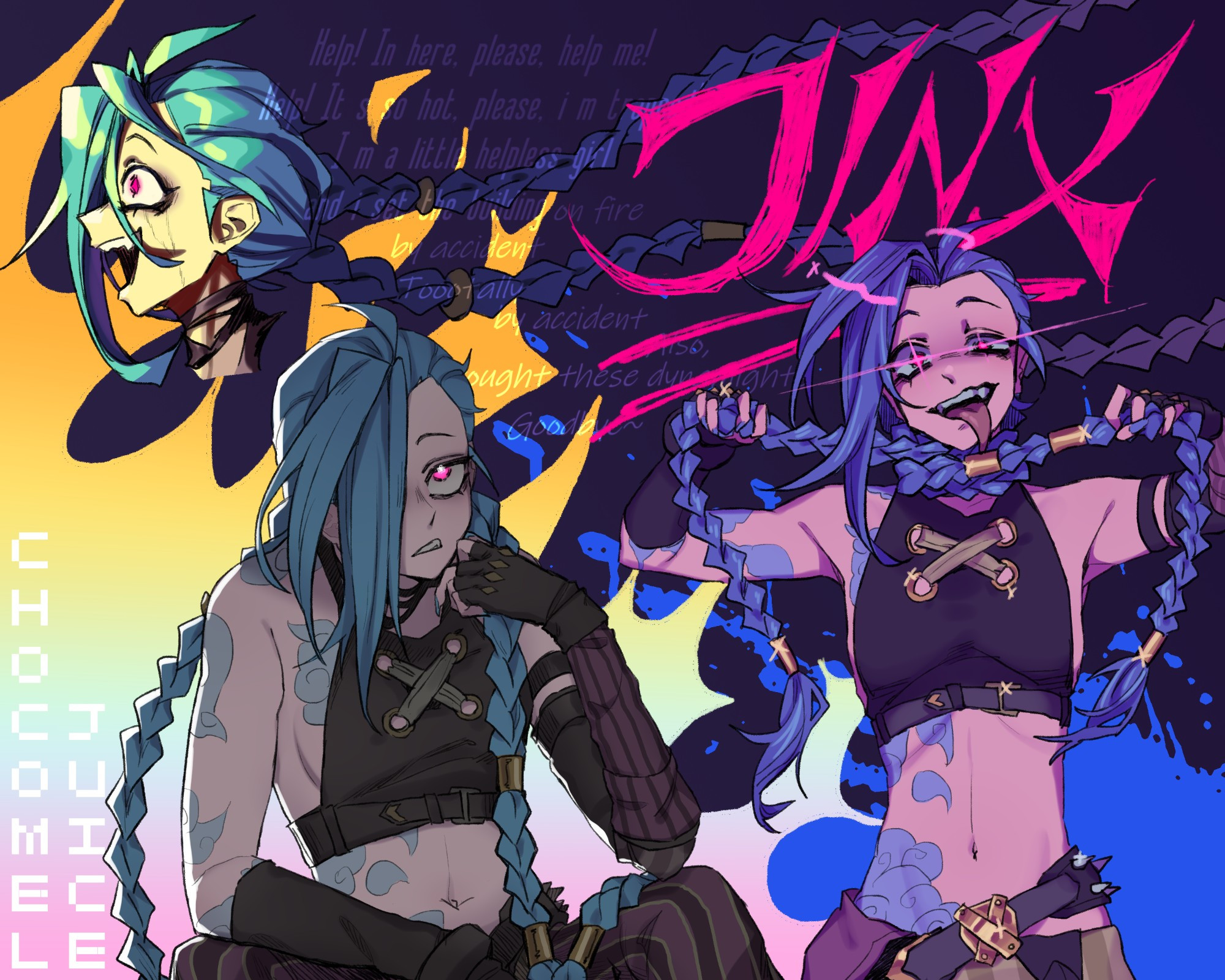 Art of Jinx from Arcane
It's kind of like a collage. On the top left there is Jinx looking insanely happy looking at explosion and fire. More to the middle Jinx is sitting looking pissed and bored. On the right Jinx is standing choking herself with her long ass braids and looking insane. The whole piece has dim lit, pinkish, blueish tones