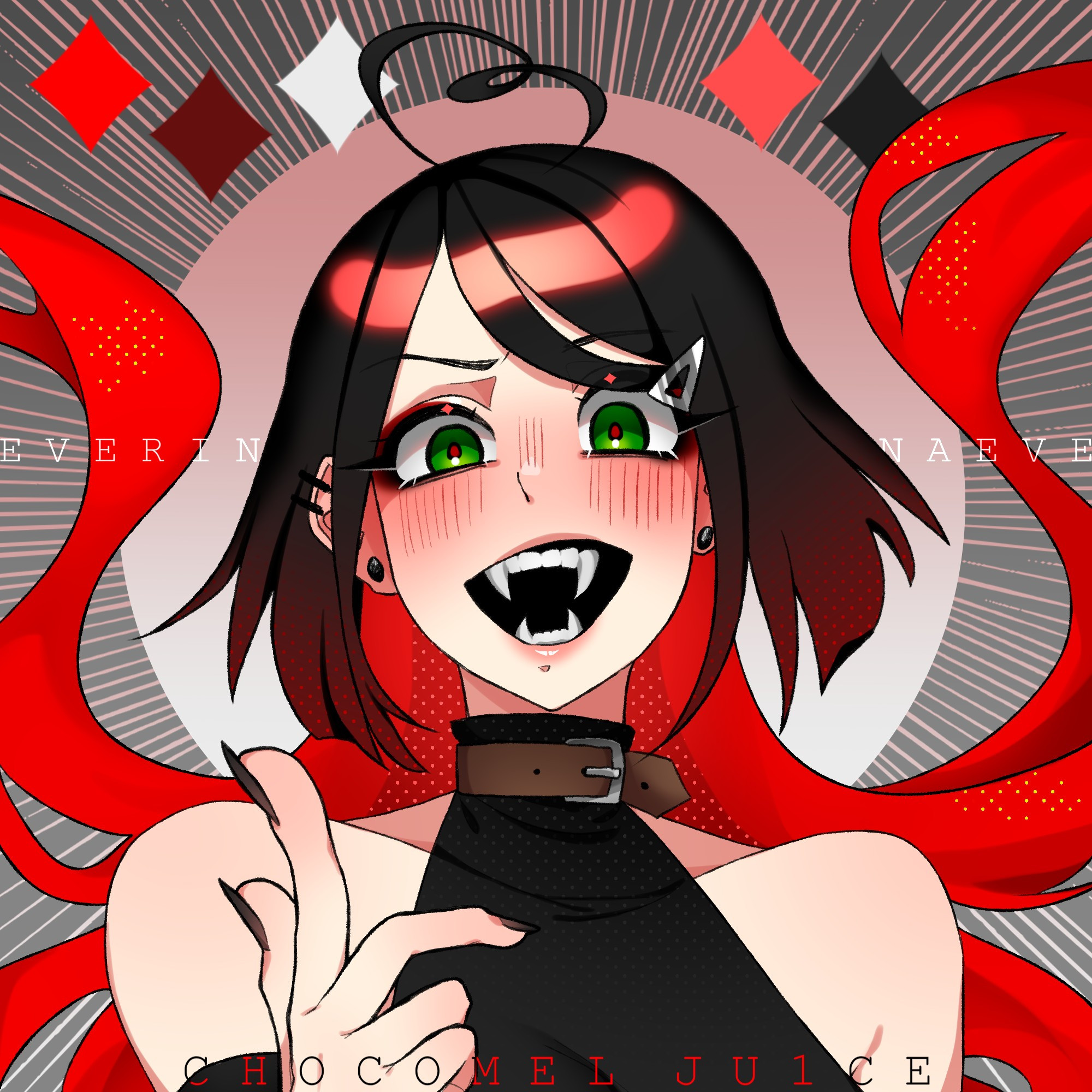 Art of a girl with green eyes, fangs. She has pale light skin, black hair that looks short and also very long red hair underneath. Her name is Everina and she is half demon