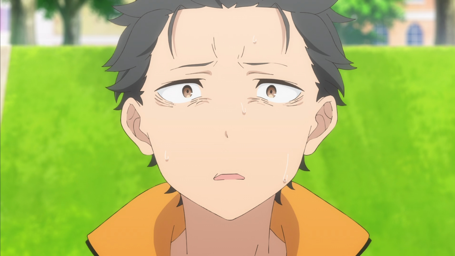 Screenshot from Re:Zero season 3 episode 2 of Subaru, he looks tired, deep in though, you can also see despair in his expression