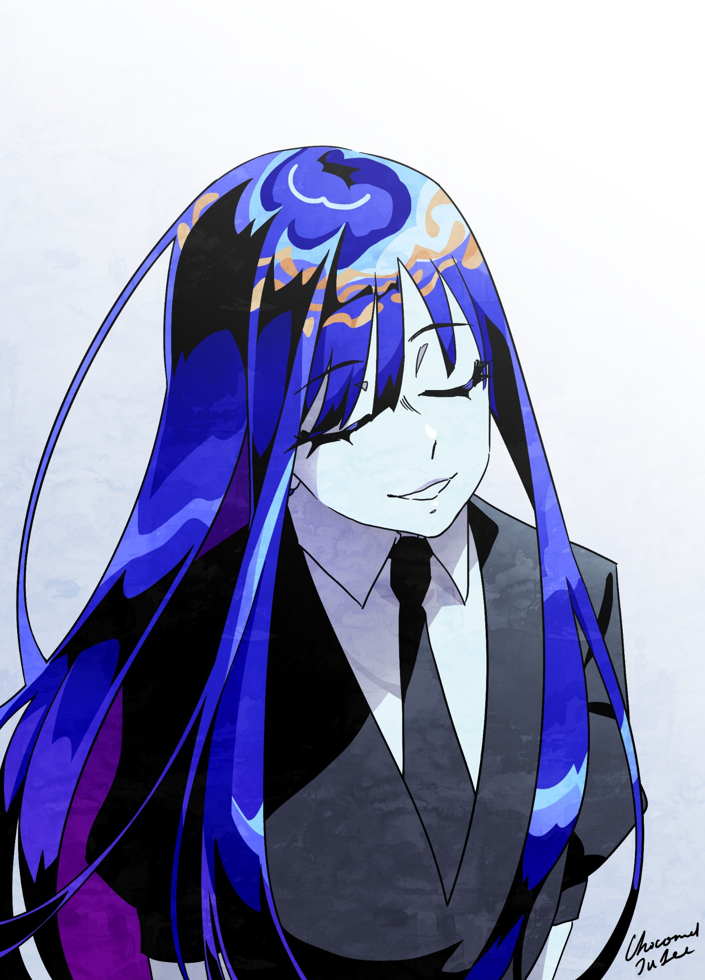 Lapis Lazuli from Land of the Lustrous (houseki no kuni) sitying calmly with eyes closed. Colours are calming blue