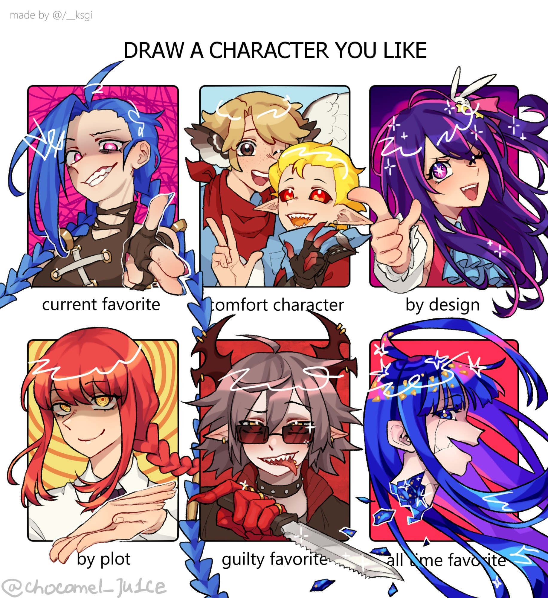 A "Draw a character you like" challenge from /_ksgi on twitter
In current favourite there is Jinx from Arcane. In comfort character there are team rancher (Jimmy Solidarity and Tango Tek) from double life smp. In by design there is Ai Hoshino from Oshi no Ko anime. In by plot there is Makima from Chainsaw Man. In guilty favourite is Emalf from Gray Garden game. And lastly in all time favourite is Lapis Lazuli from Houseki no Kuni manga. I would describe my style as vibrant and poppy with shiny details