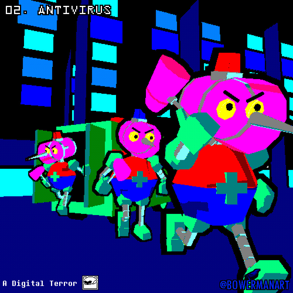 Low poly 3D/Pixel art. Three Ambyu-lances, antivirus programs, getting out of their car with their hammers ready and siren lights on, running straight into the action in New Cyber City.