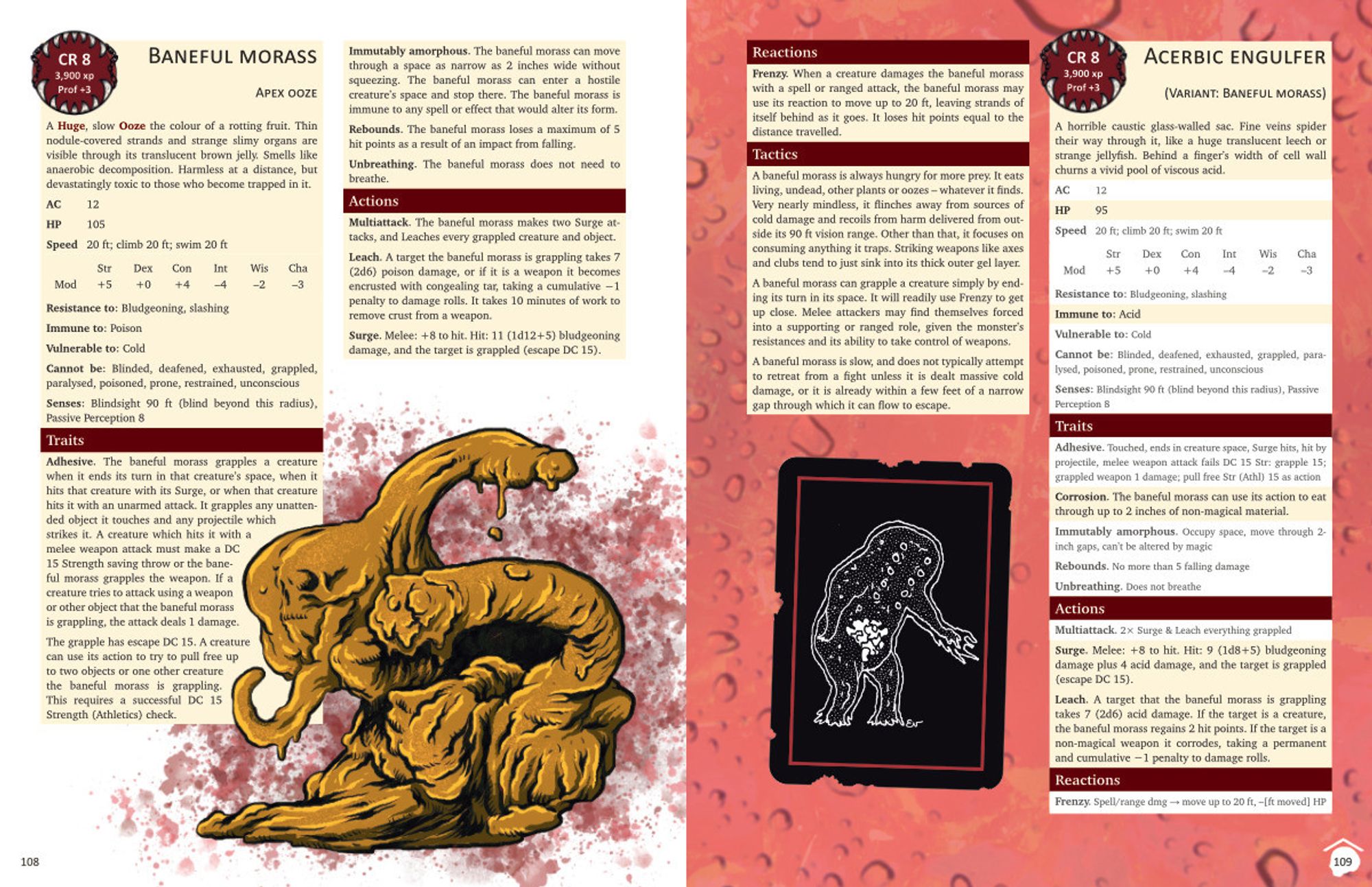 Stat blocks and illustrations for a baneful morass monster. Page spread from book.