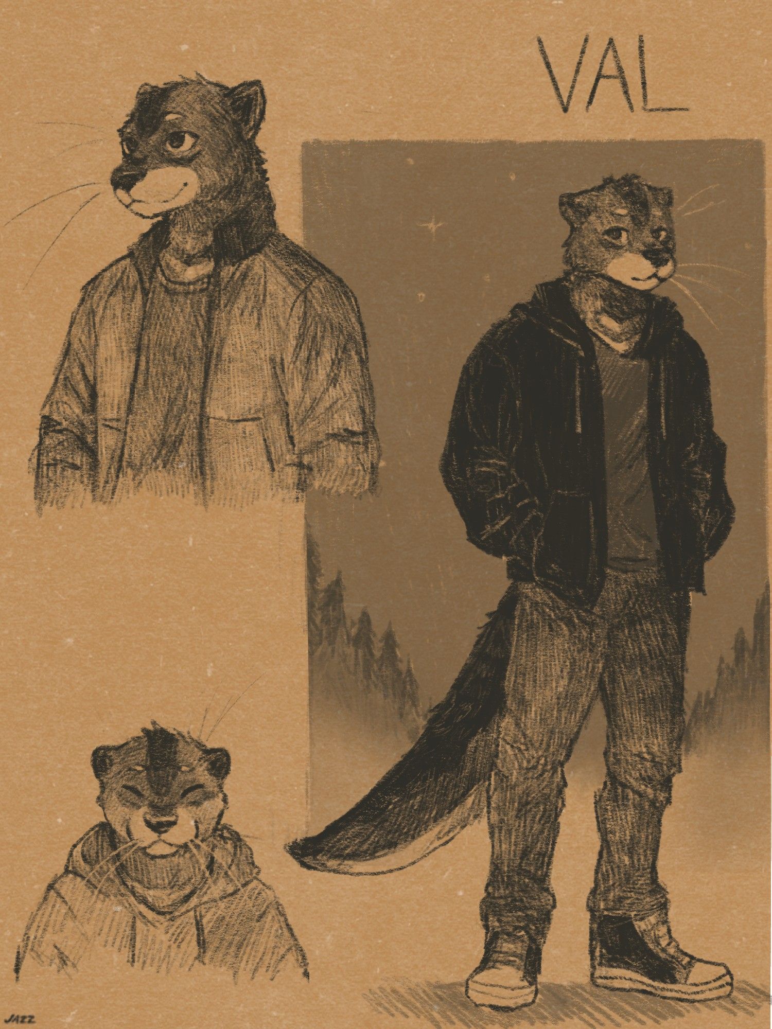 Pictured is my otter fursona, Val. He's seen in a traditionally-drawn collage, wearing a few different outfits. One is a half-body with a bomber jacket & undershirt. Another is a halfbody of Val smiling, wearing a hoodie. The main fullbody has Val wearing a hoody jacket & undershirt, jeans and sneakers. Made by sketchingfuryou on FA! #furryart