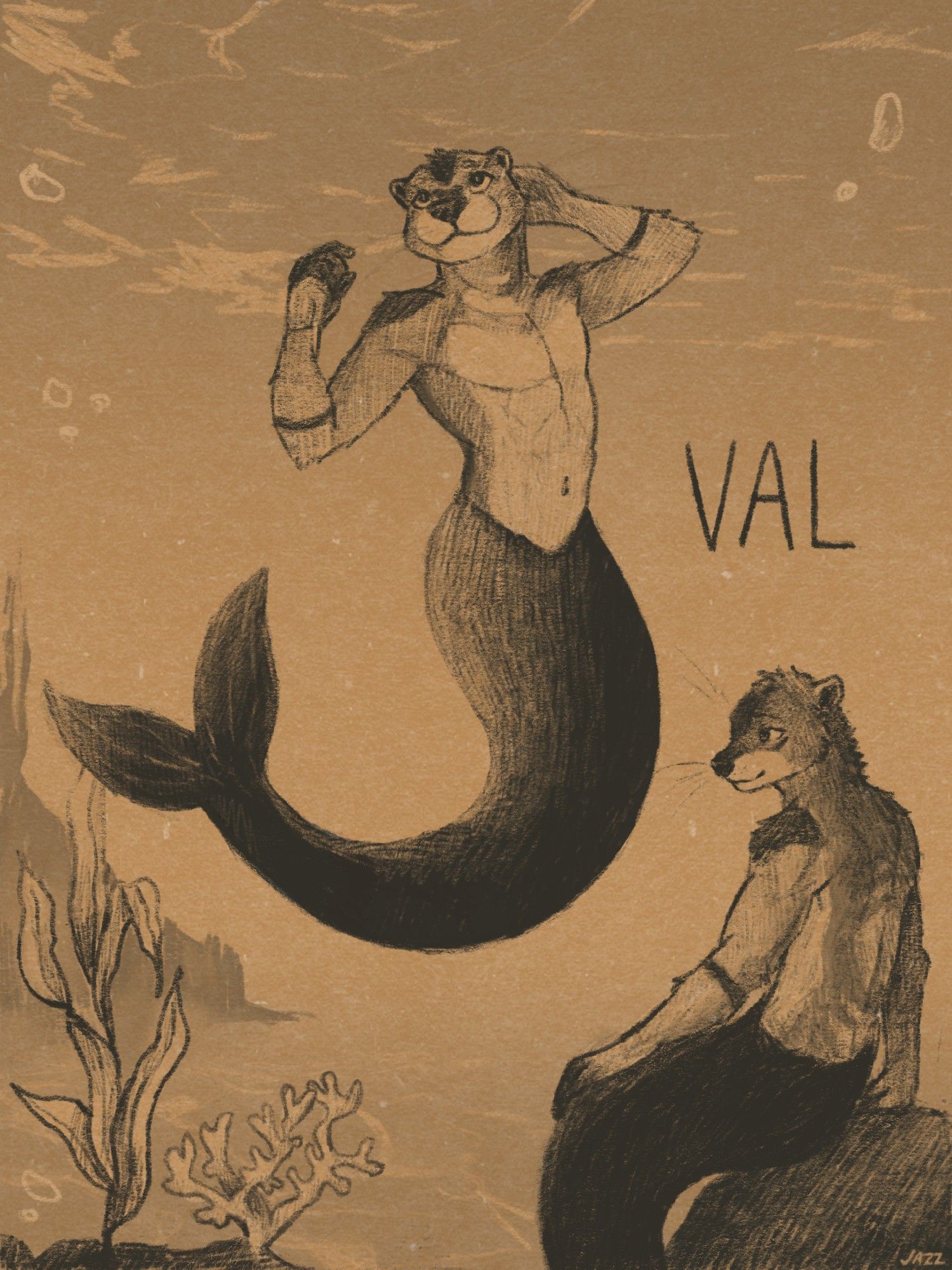 Pictured is my otter fursona, Val, in his merotter form. In a traditionally-drawn collage, Val can be seen twice. The first is a fullbody, and Val appears as if he's basking in the sunrays and waters surrounding him underwater; quite poised. The other has Val lounging on a rock. Made by sketchingfuryou on FA! #furryart